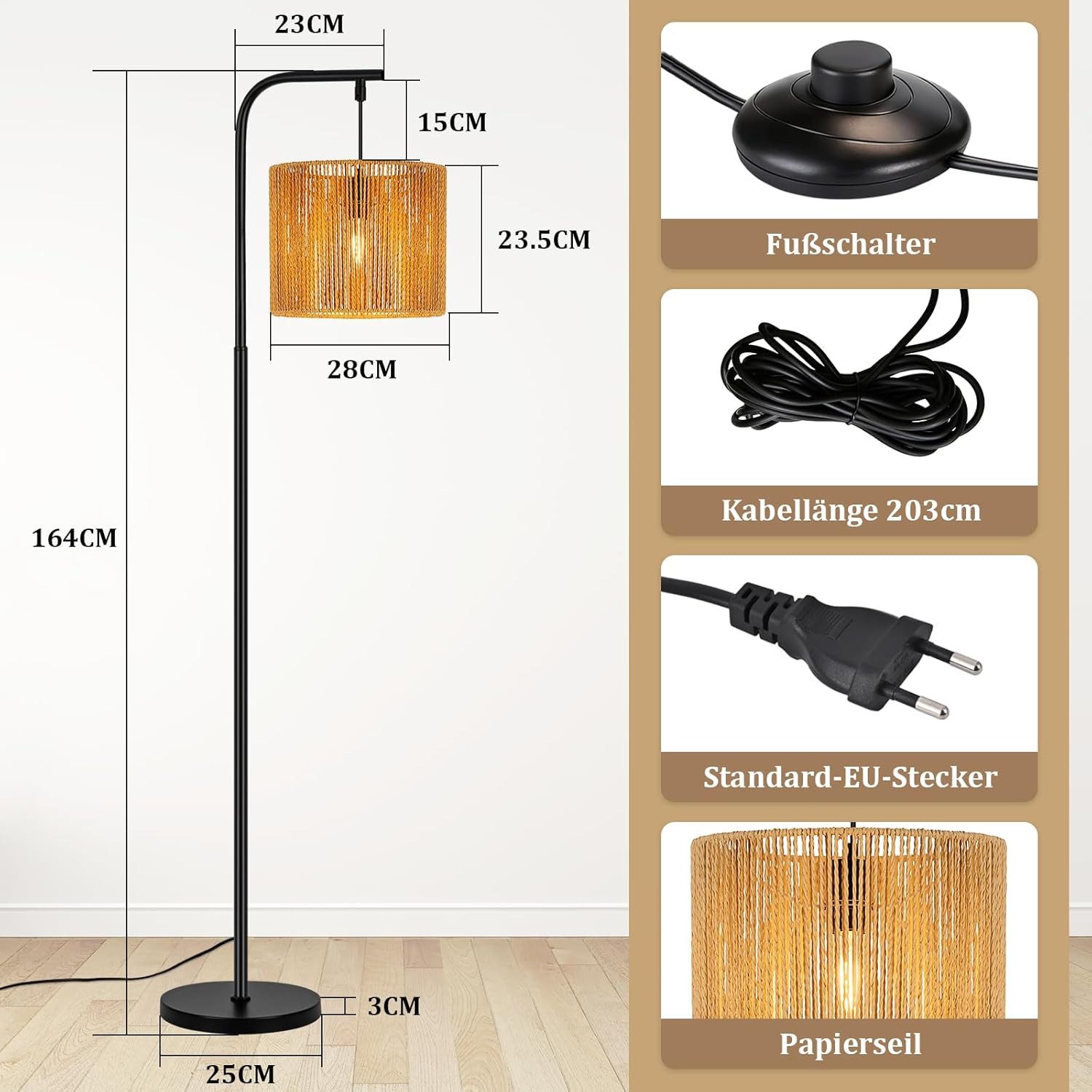 Nettlife Stehlampe schwarz modern 164cm Bodenlampe Boho Standlampe Fußschalter E27, ohne Leuchtmittel, für Esszimmer, Terrasse