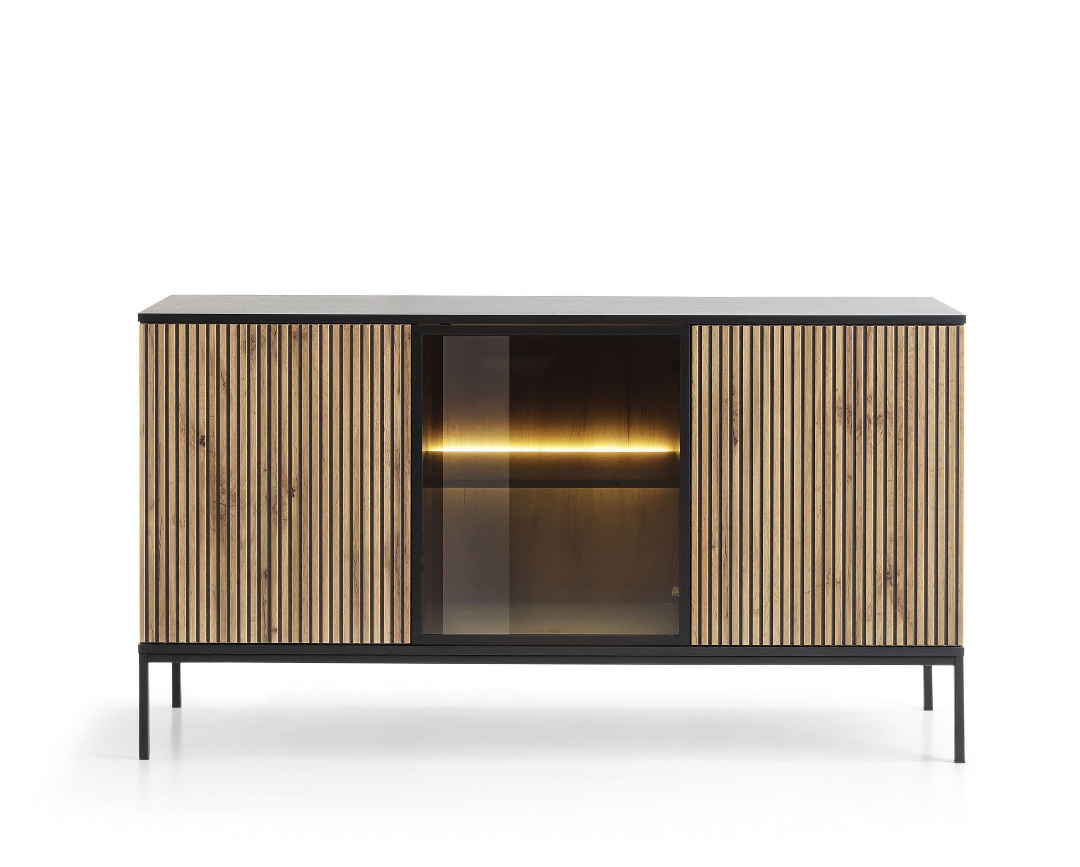 MOEBLO Sideboard Sentino S154 LED (Sideboard Wohnzimmer Kommode Schlafzimmer Komodenschrank Highboard, mit gefräster Front und LED-Beleuchtung), (HxBxT):83x154x39 cm