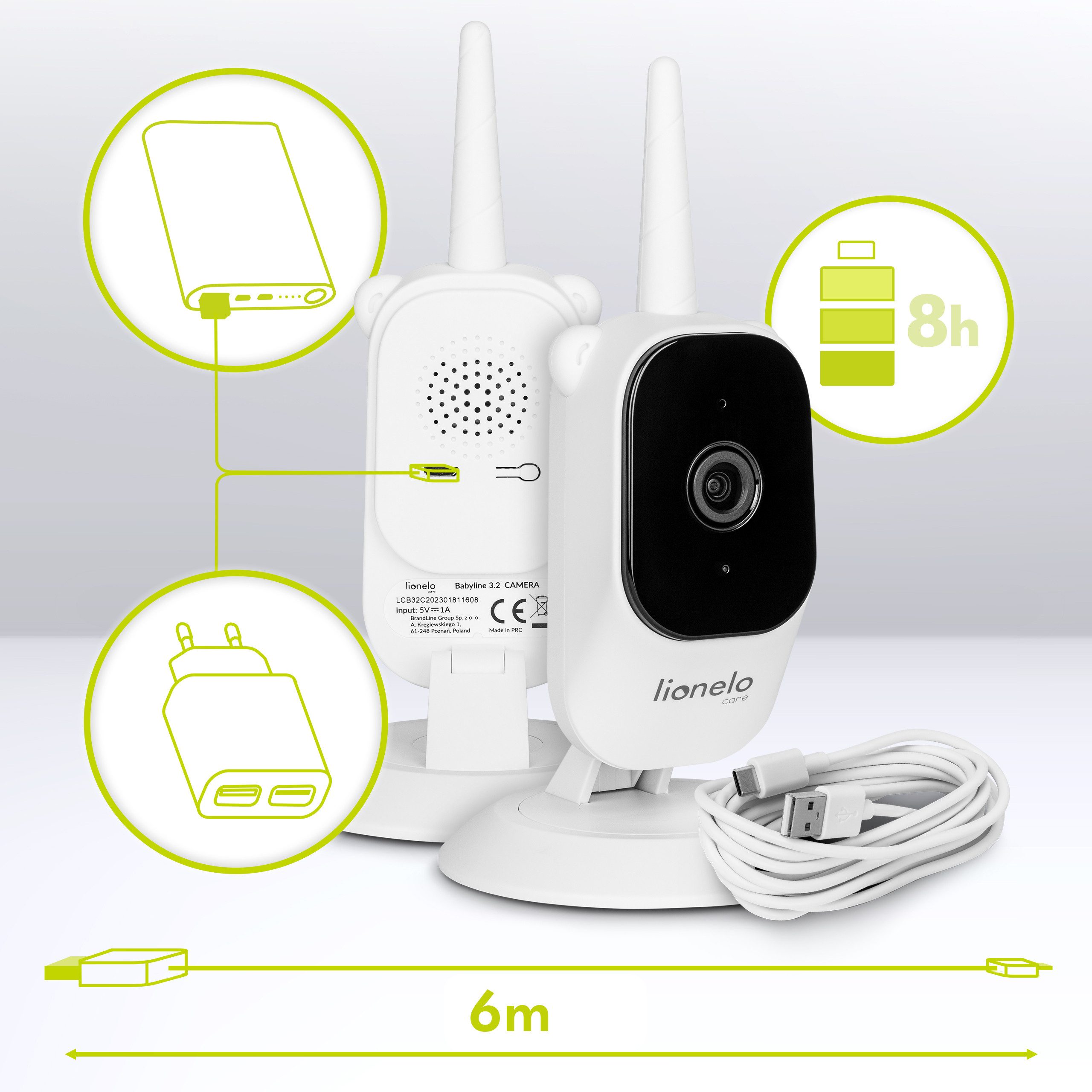 lionelo Video Baby Monitor BABYLINE 3.2, Set, Range 350m / FULL HD RESOLUTION / Night Mode / Alarm