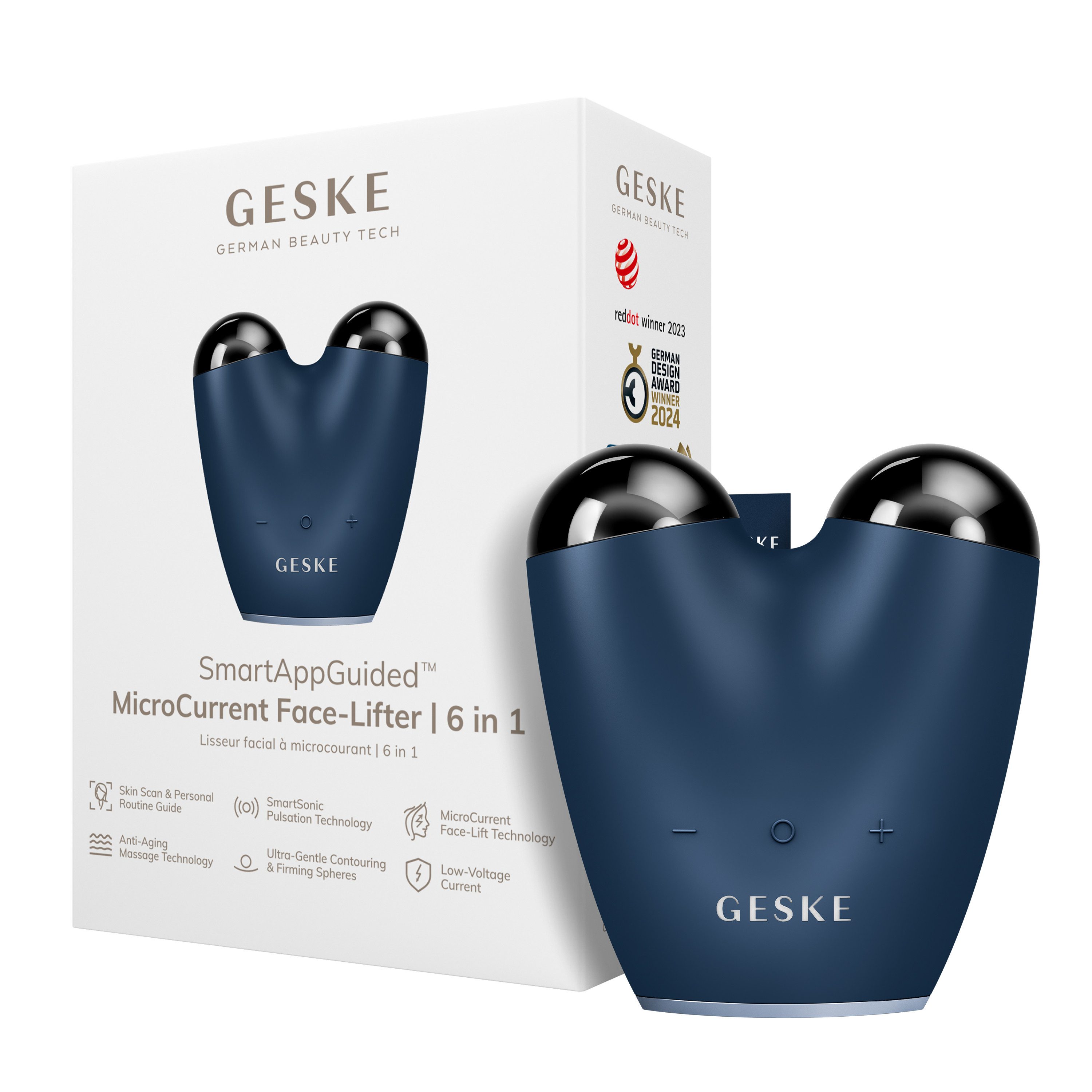 GESKE German Beauty Tech Enhancer SmartAppGuided™ MicroCurrent Face-Lifter 6 in 1, Packung (Gerät & USB-Ladekabel), 2-tlg., Gerät inkl. kostenloser APP (SmartAppGuided Device), Mit der GESKE App erhältst Du deine personalisierte Hautpflegeroutine.