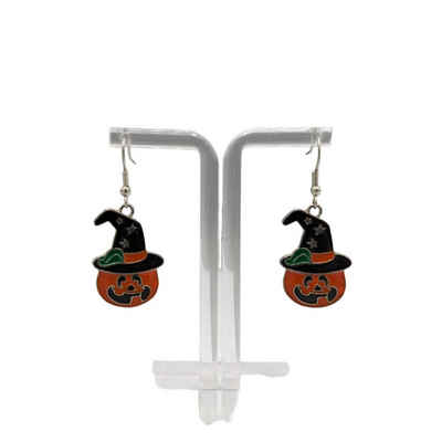 Eyecatcher Ohrring und Ketten Set Halloween Ohrhaken im Kürbis mit Hut Design orange grün schwarz silber (Paar)