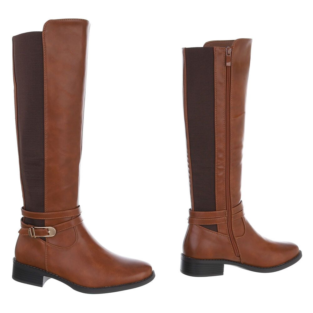 Ital-Design Elegante Stiefel für Damen mit hoher Passform und Schnalle Stiefel (90169474) Blockabsatz Flache Stiefel in Camel