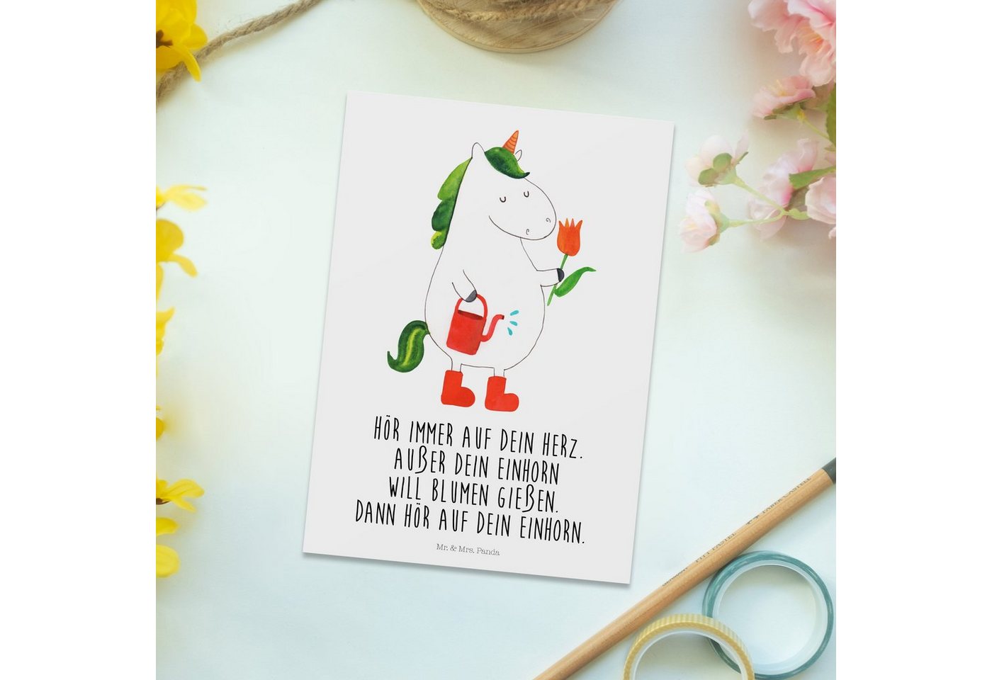 Thumbnail - Mr. & Mrs. Panda Postkarte Einhorn Gärtner - Weiß - Geschenk, Postkarte, Ansichtskarten, Einladu, Hochglanzveredelt