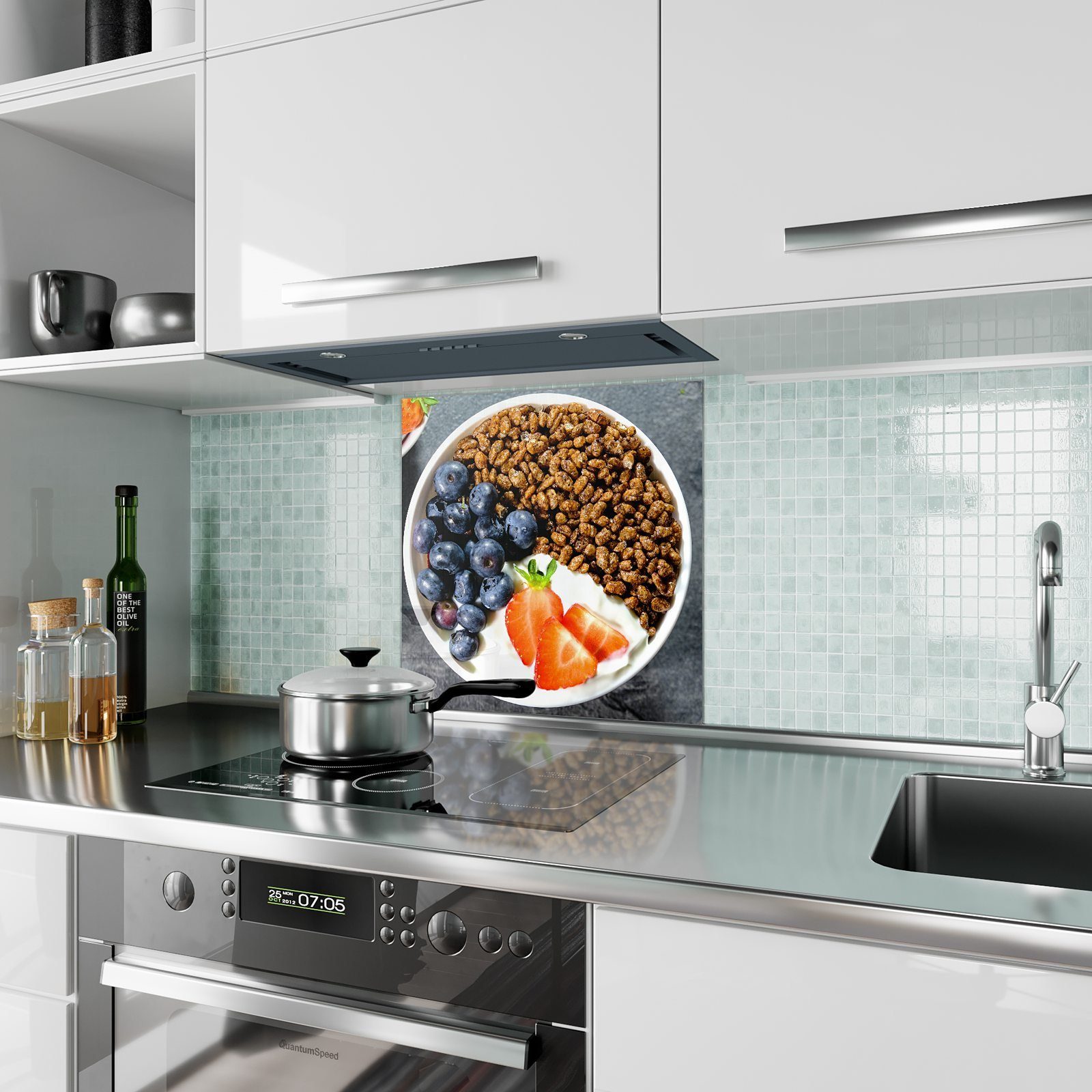 Primedeco Küchenrückwand Küchenrückwand Spritzschutz mit Motiv Schokoladencerealien Glas