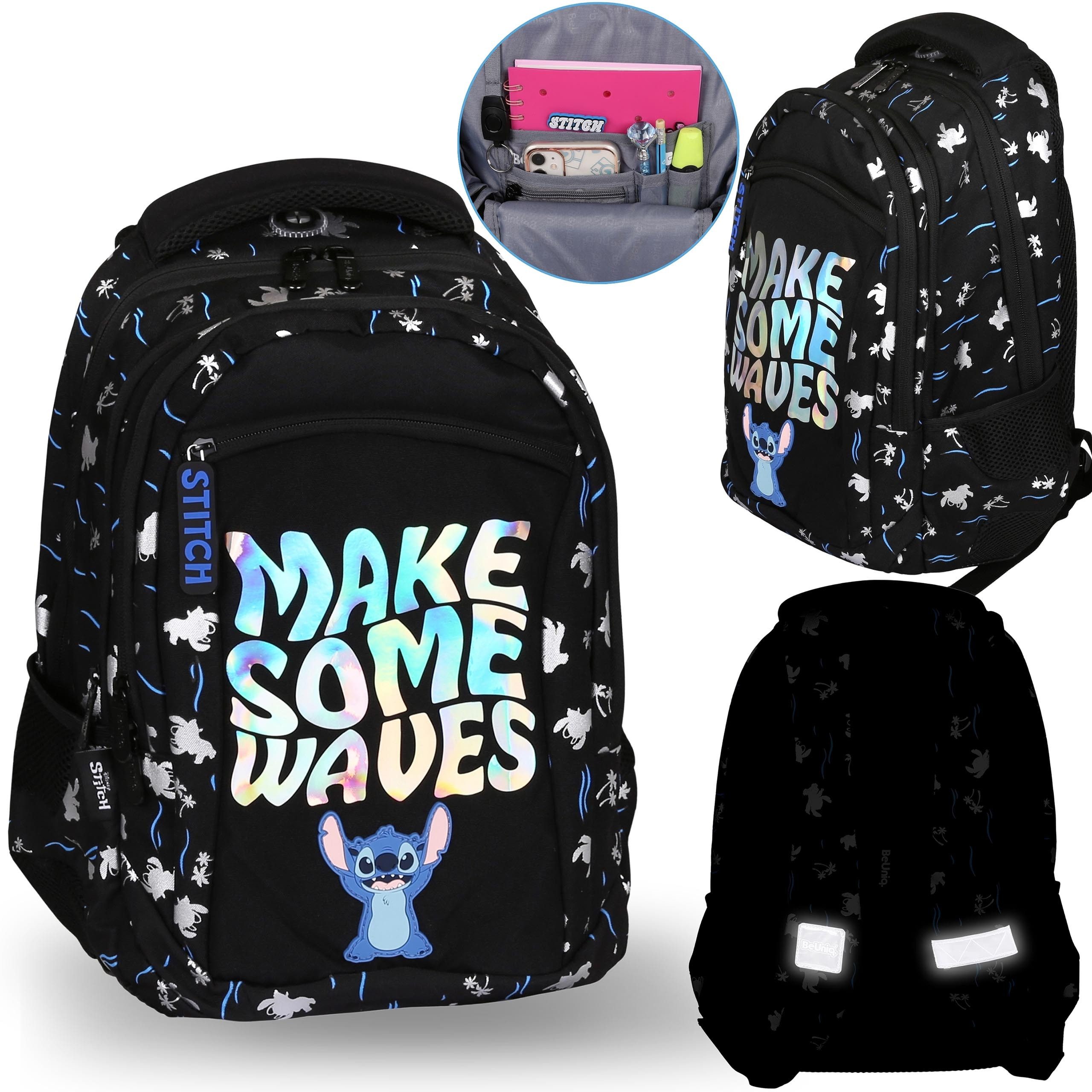 Schulrucksack DISNEY Stitch Schwarzer Mädchen Schulrucksack, verstärkt, Reflektoren