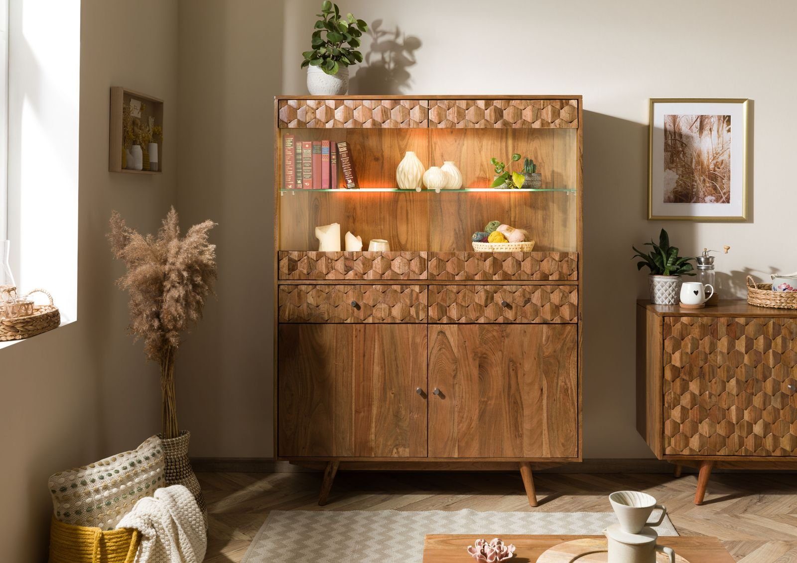 Massivmoebel24 Highboard MOSAYK (Massivholz), Highboard Akazie 120x42x160 Akazie natur lackiert MOSAYK #115