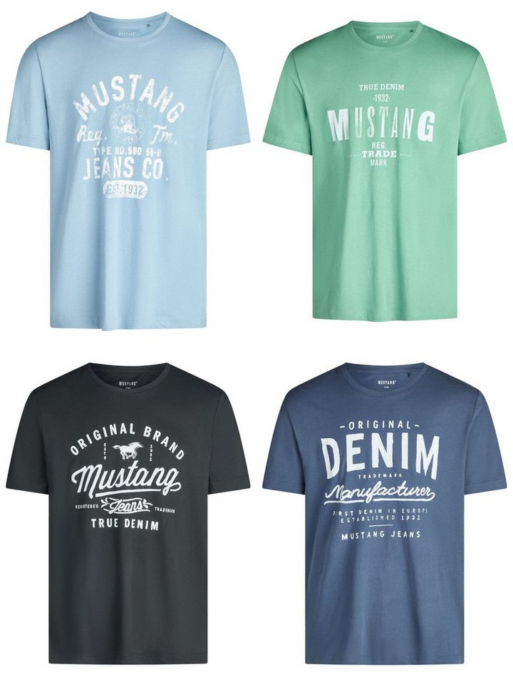 MUSTANG T-Shirt Herren Printshirt 4er Pack Set Regular Fit (Vorteilspack, 4-tlg) Kurzarm Sommer Tee Shirt mit Rundhalsausschnitt aus 100% Baumwolle
