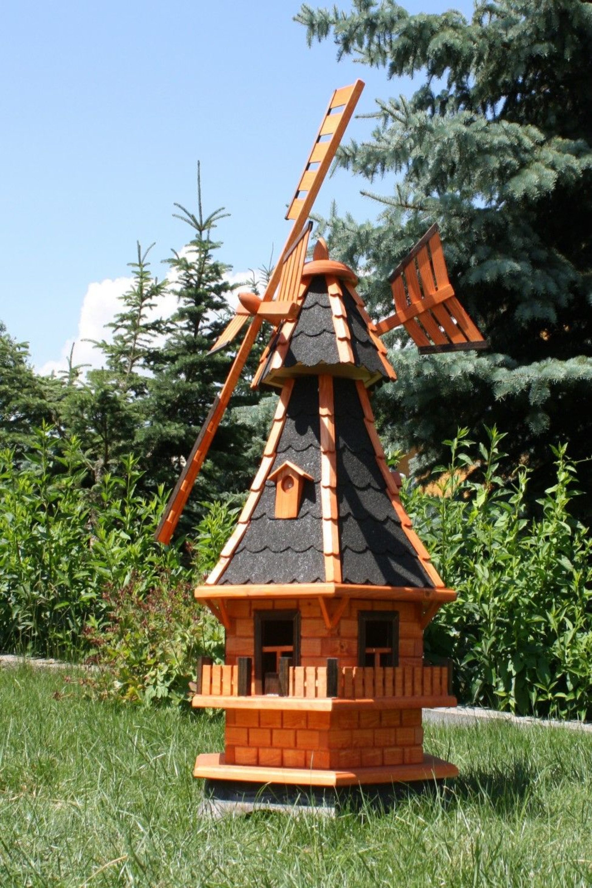 Holzdekoladen Deko-Windrad Gartenwindmühle aus Holz 130 cm – mit weißer Solarbeleuchtung