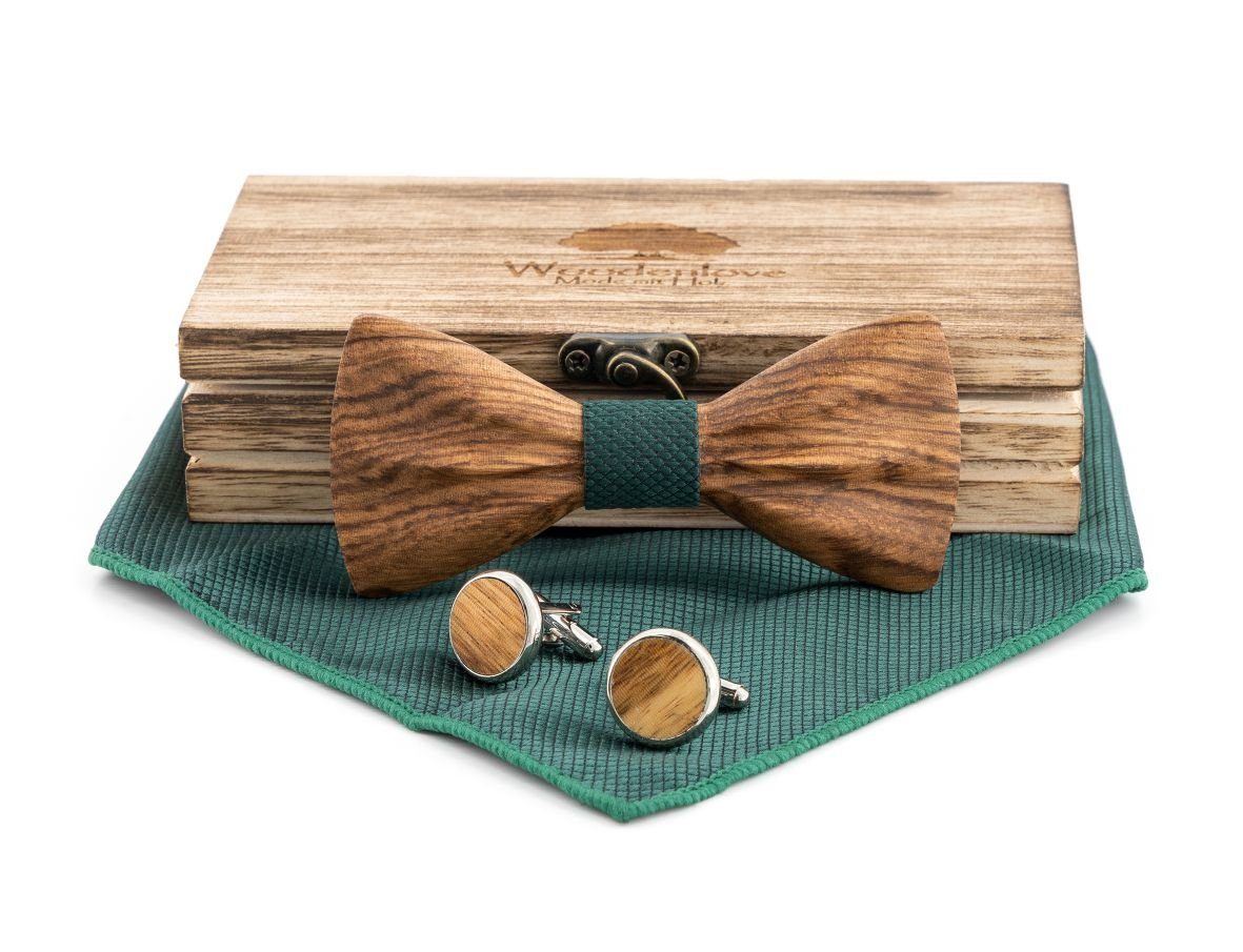 Woodenlove Kinderfliege Kinderholzfliege Goofy Zebraholz (Set, Fliege, Manschettenknöpfe, Einstecktuch, Geschenkbox) 3D-gefräste Vollholzfliege Grün
