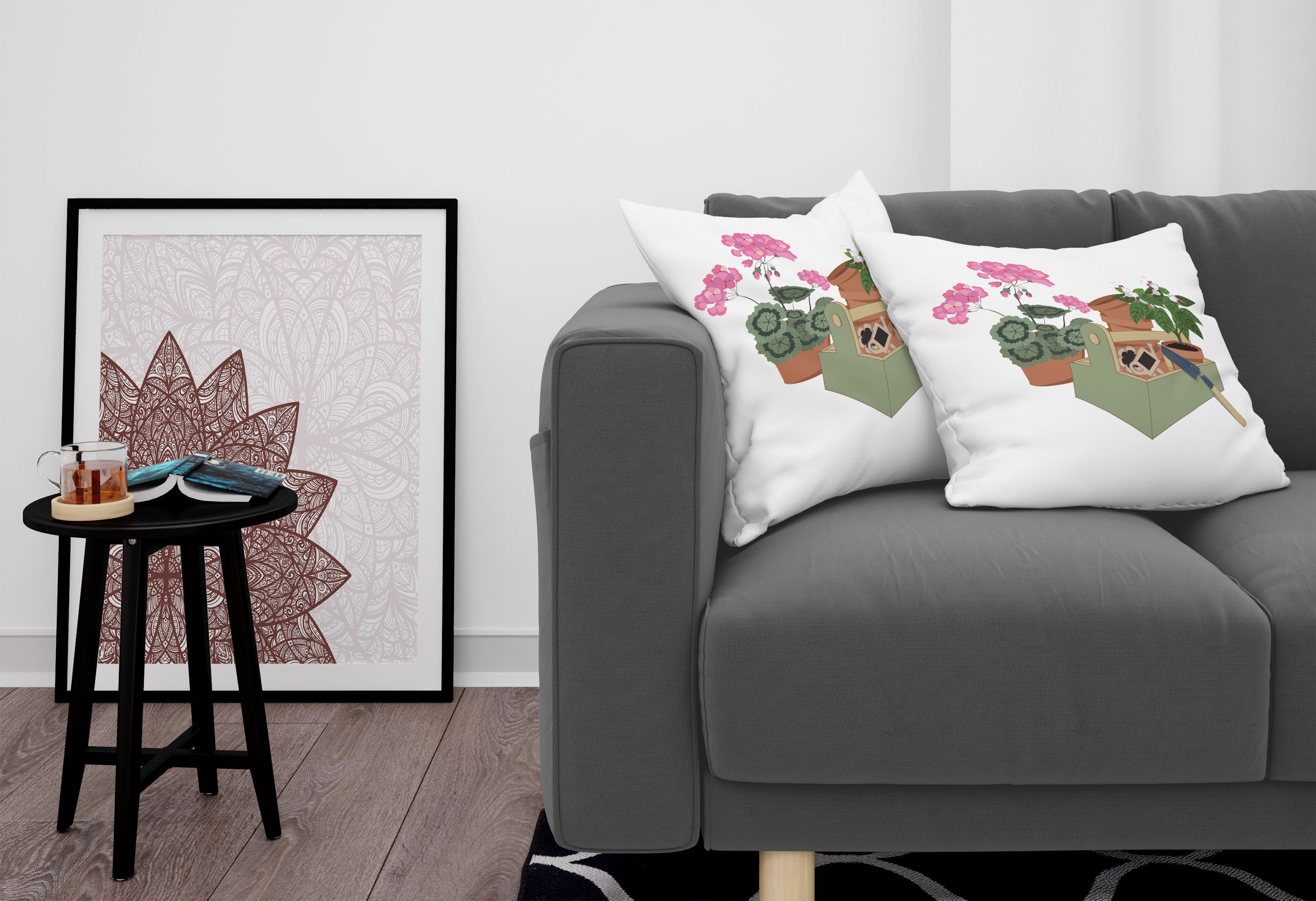 Accent Pelargonien (2 Kissenbezüge Digitaldruck, Gartengeräte Stück), Doppelseitiger Abakuhaus Blumen und Modern