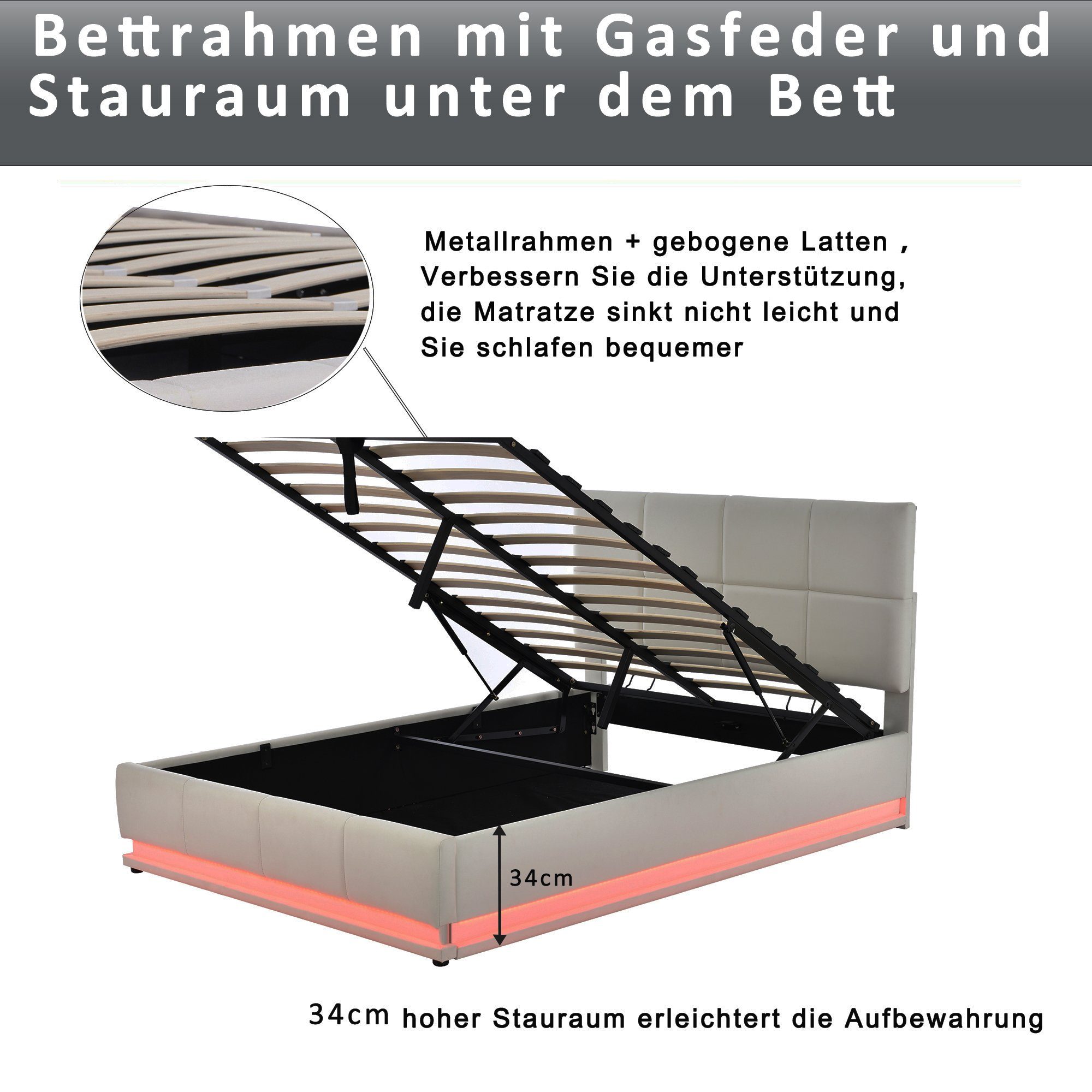 Polsterbett, Hellgrau LED hydraulisches Doppelbett Kunstleder Flieks 140x200cm