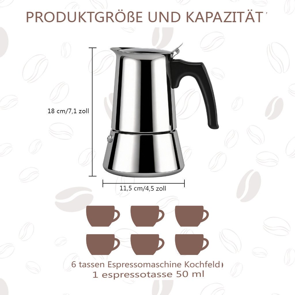 Insma Espressokocher 6 Tassen (300ml) Mokka Kaffeekanne Espressokanne, für Herd&Induktion, mit Sicherheitsventil, Spülmaschinengeeignet