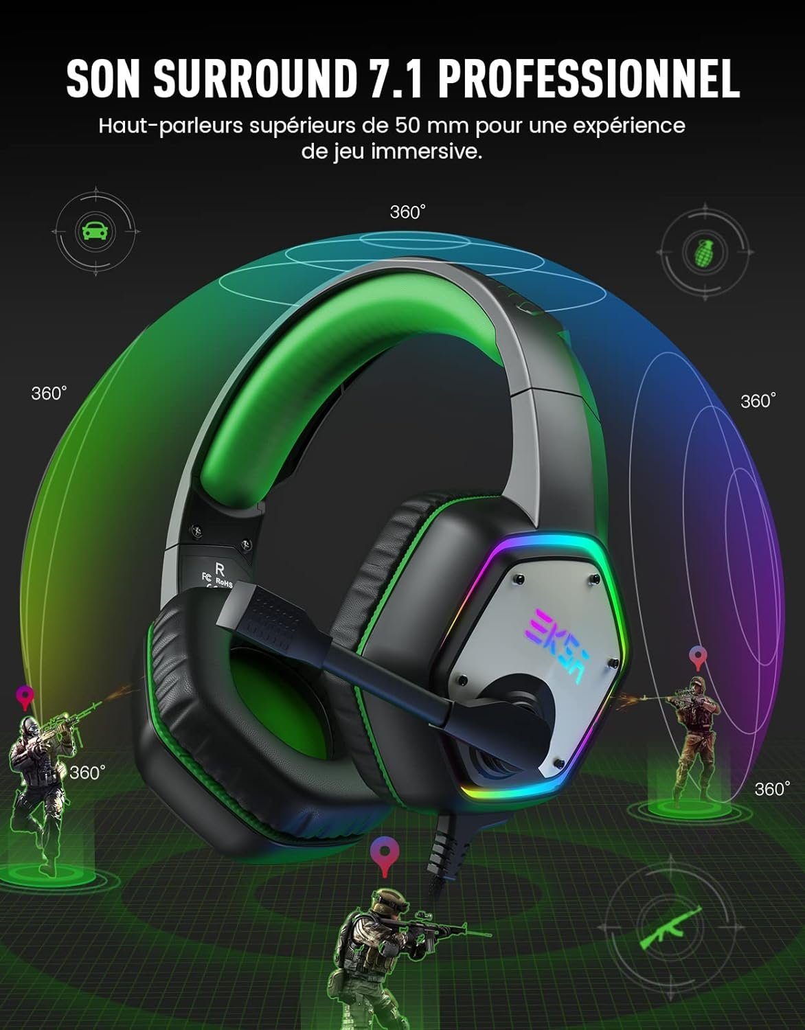 Surround Headset Sound) mit Gaming PC Gamer Gaming-Headset Surround 50-mm-Audiolautsprecher, Headset EKSA mit dank Bass Mikrofon, (Intensiver Sound