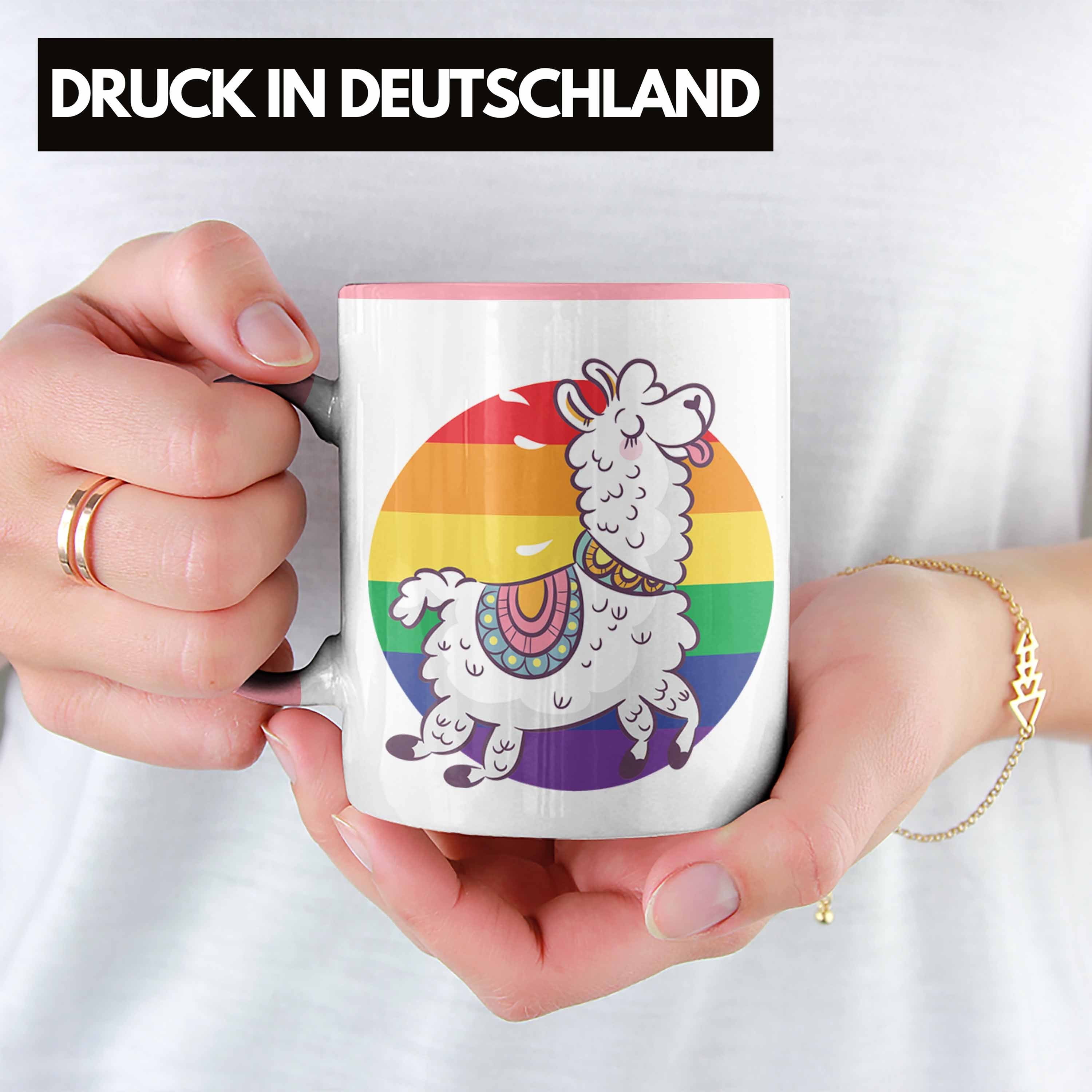 Trendation Tasse Trendation - Regenbogen Geschenk Schwule LGBT Lesben Llama Pride Tasse Rosa Grafik Transgender Tolles