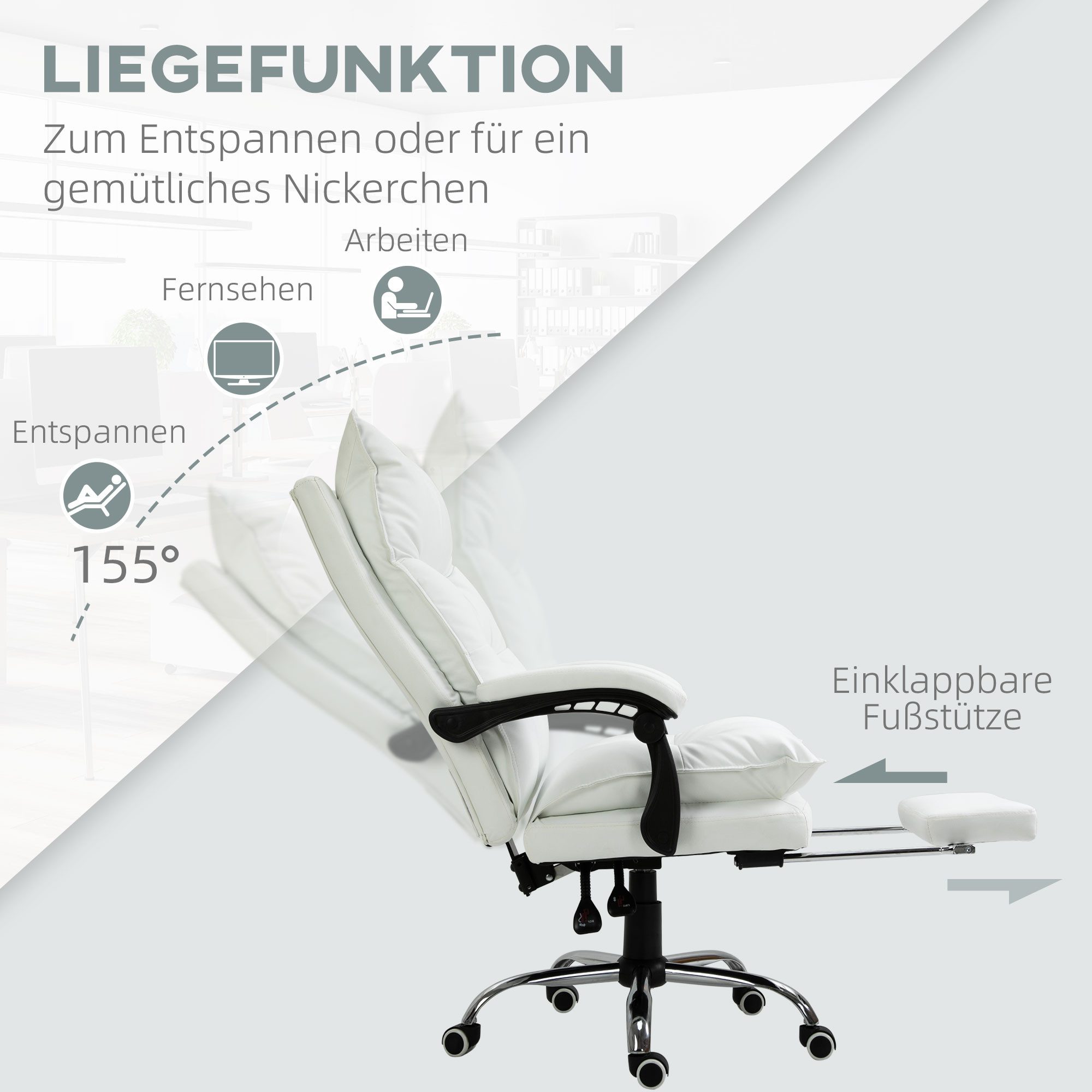 MC Star Bürostuhl mit Liegefunktion, Schreibtischstuhl mit Fußstütze, höhenverstellbarer (Drehstuhl, Rückenlehne, Weiß)