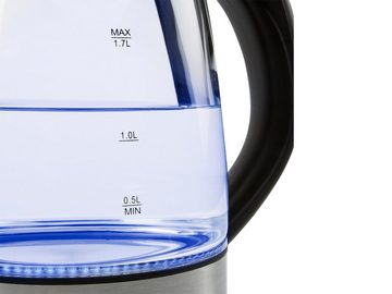 Tristar Wasserkocher, 1.7 l, 2200 W, Glas LED Beleuchtung 360° Edelstahlsockel, leise elektrisch ohne Kabel