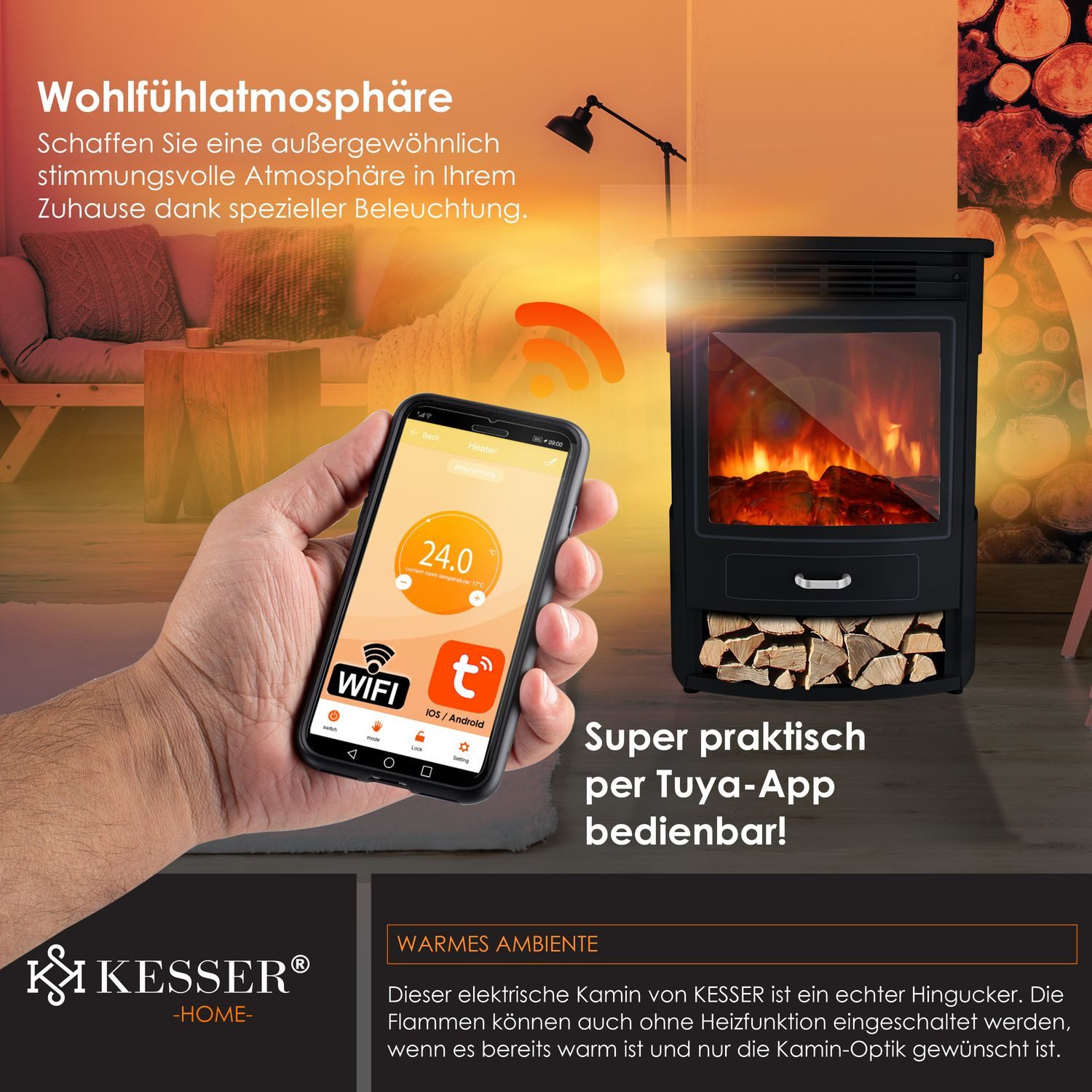 KESSER Elektrokamin, Prio Elektrokamin mit Heizung Heizlüfter Fernbedienung WiFi