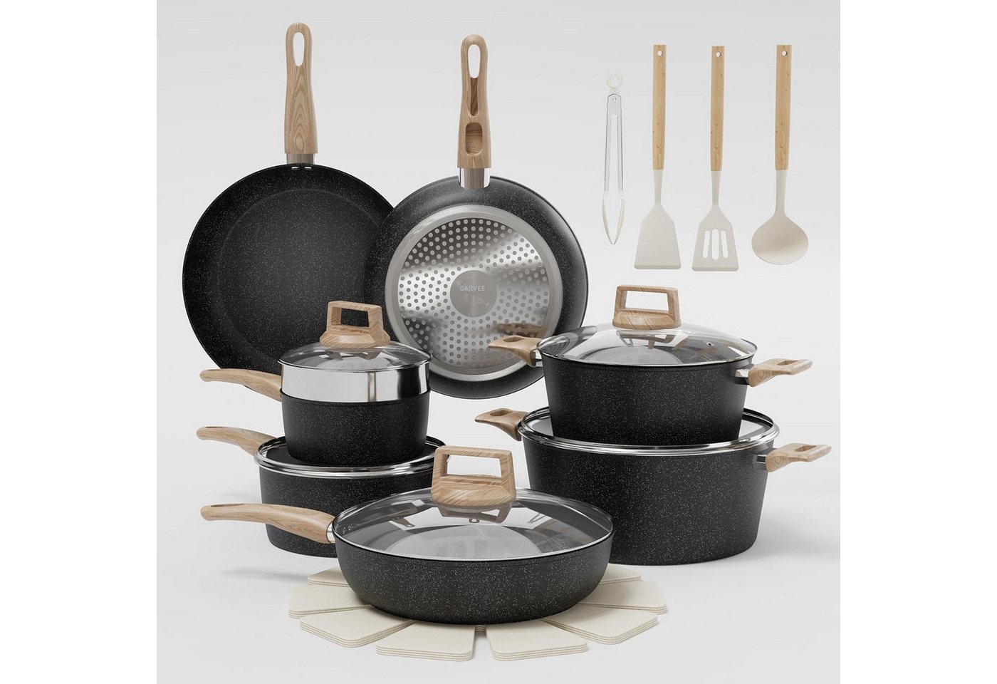 GarveeMore Topf-Set Keramik-Topfset 14/21tlg. antihaft, abnehmbare Griffe, für Induktion, Aluminium (Set, 21-tlg., Pfannen, Töpfe, Deckel & praktischem Zubehör), Keramik-Antihaft,induktionstauglich,abnehmbare Griffe
