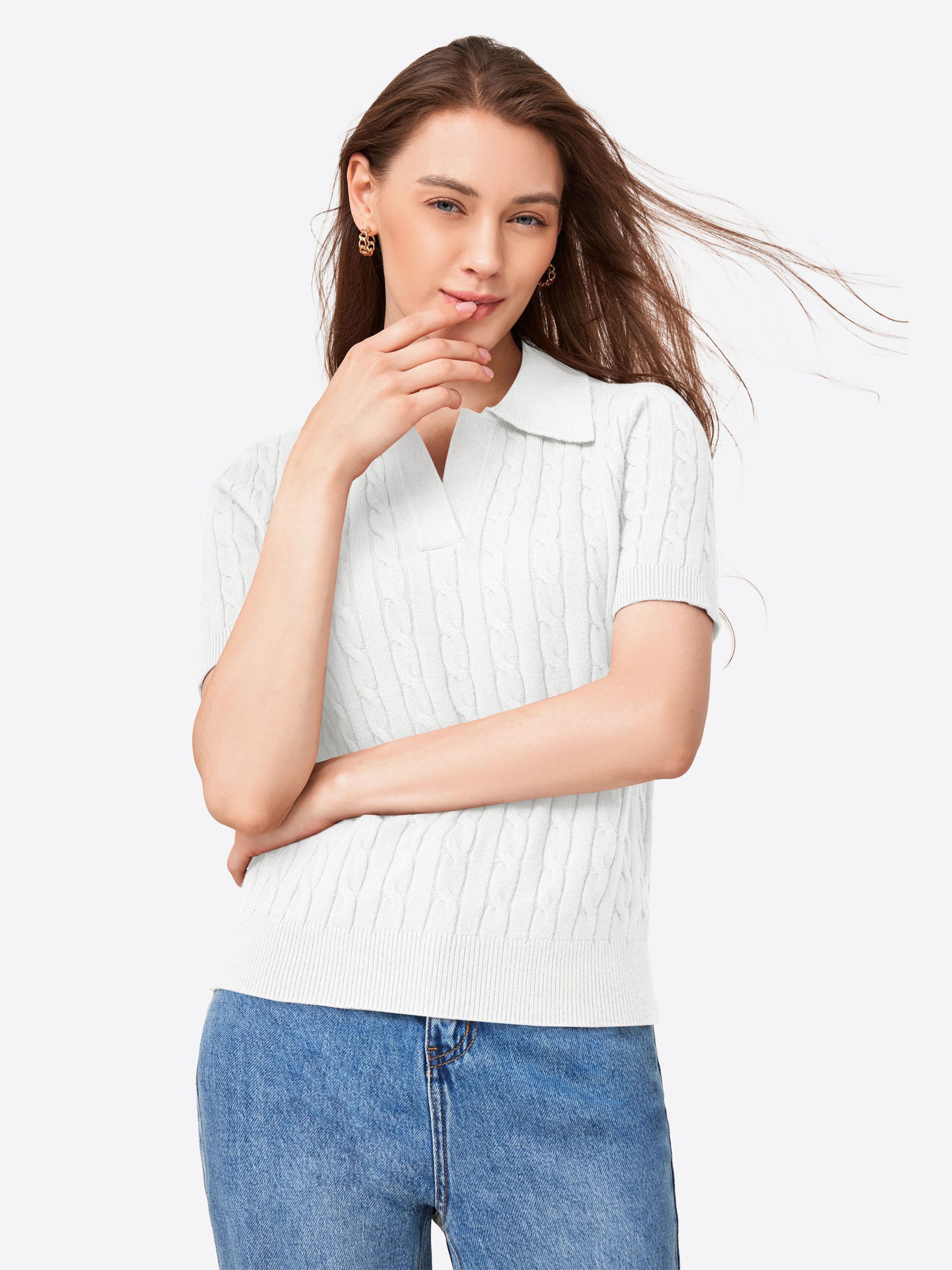 Strickpullover Damen Kurzarm Pullover mit Reverskragen
