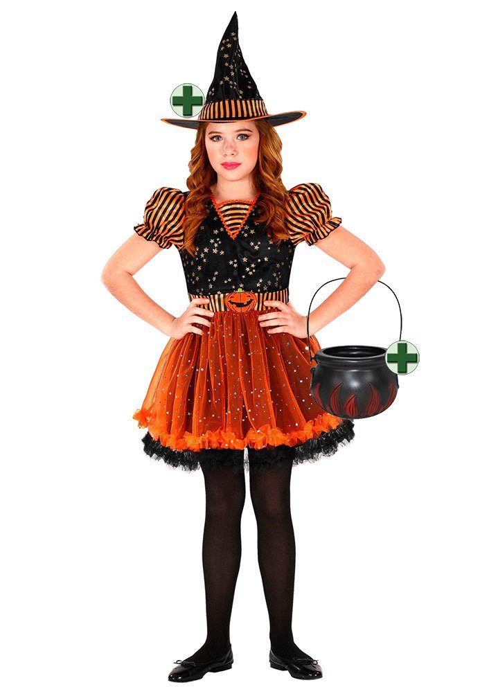 Hexen-Kostüm Schwarz orange Hexenkleid + Hexenhut Hexenkessel