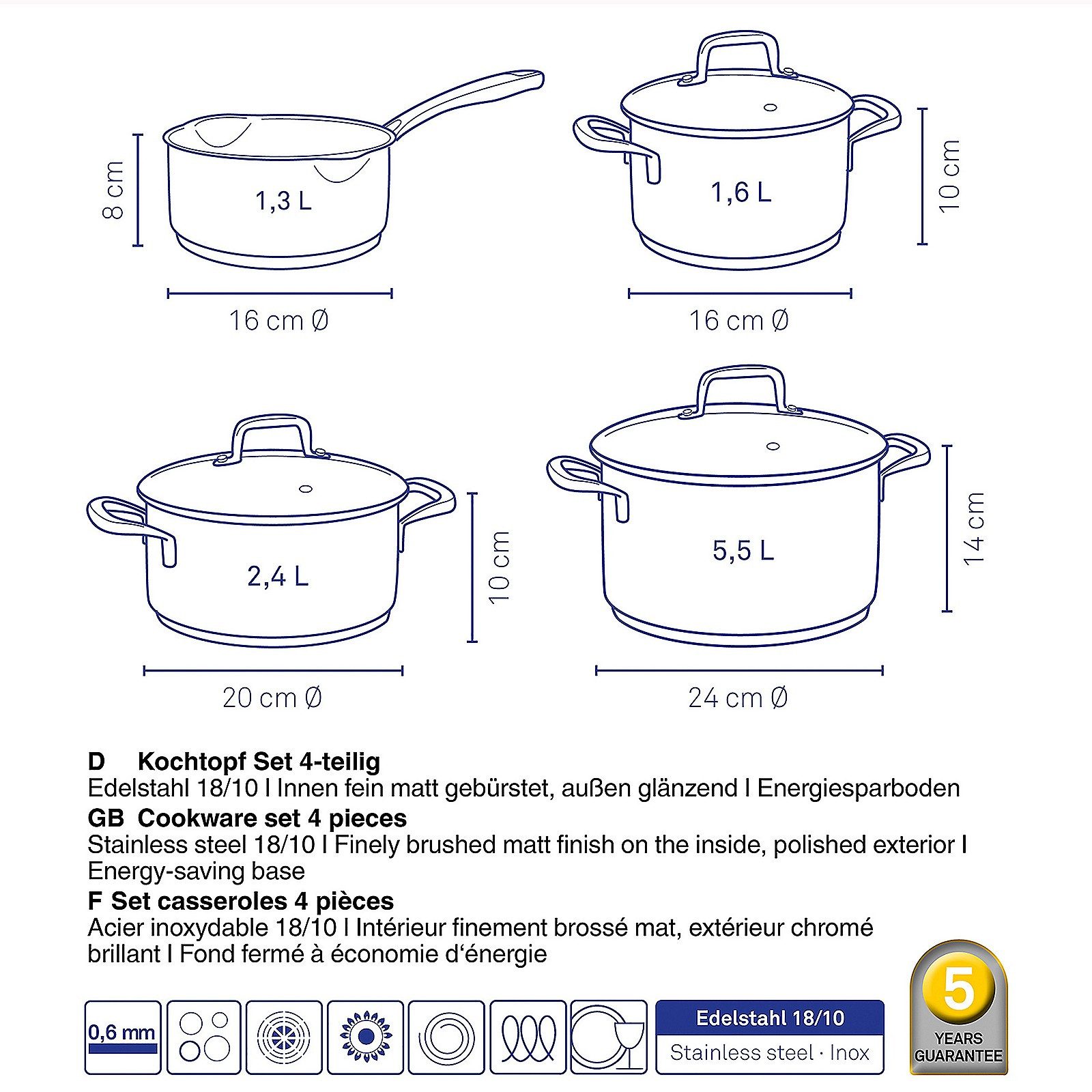 kela Kochtopf Flavoria, Edelstahl 18, 10, Glasdeckel mit Dampfloch, Innenskala, Allherdboden, Energiesparboden