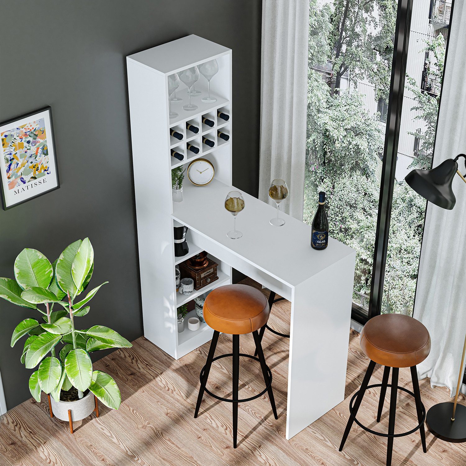 Roomart Bartisch Dublin Hausbar – Stehtisch mit Weinregal & Stauraum, 4 Farben (Bartisch Dublin – Stehtisch mit Weinregal & Stauraum in 4 Farben), •Weiß • Eiche • Weiß-Eiche • Anthrazit-Eiche