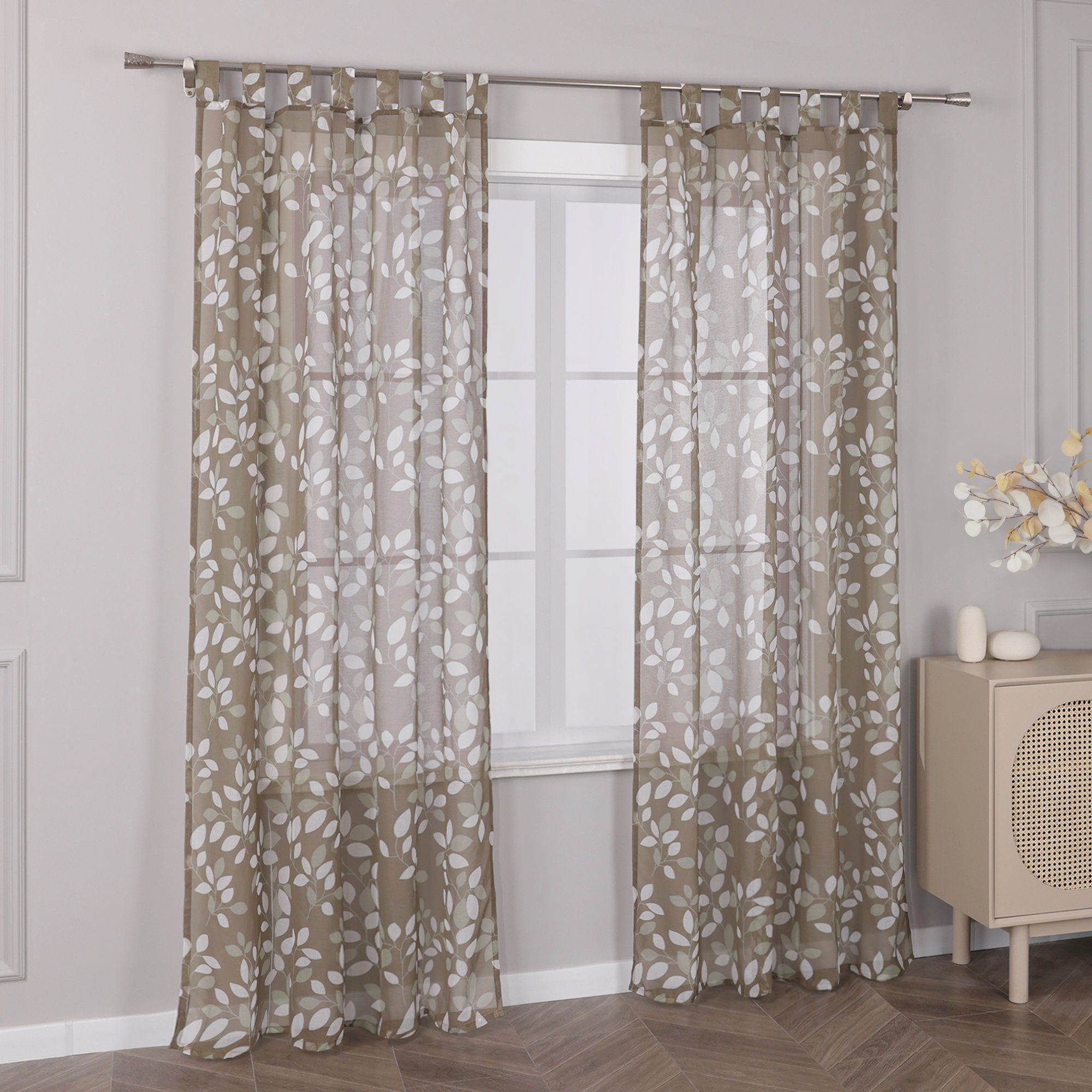 Joyswahl Gardine (1 St), Schlaufen, halbtransparent, Blätter Druck, Leineno günstig online kaufen