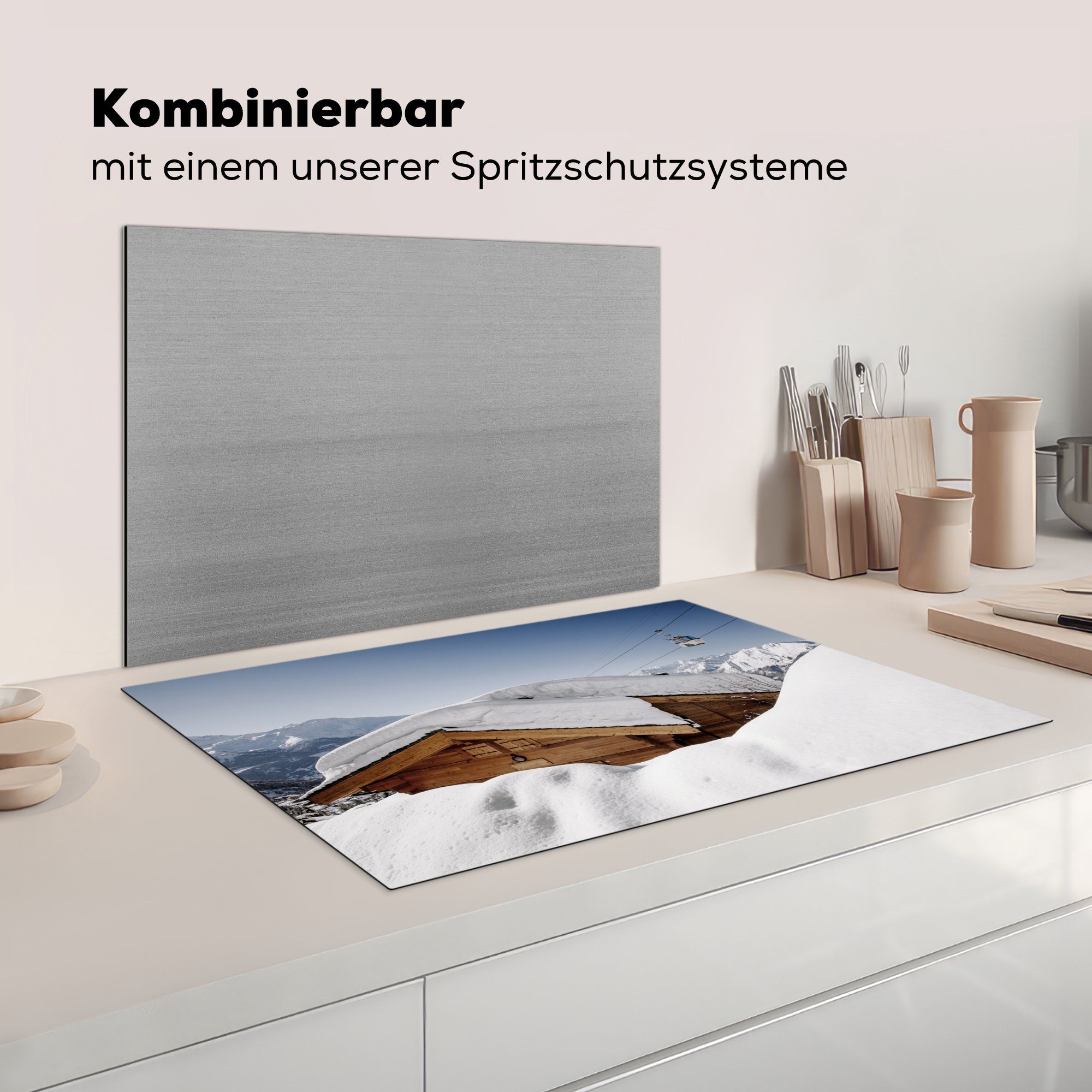 die cm, 81x52 in Schweiz, auf Hütte einer Schutz küche, Schnee (1 MuchoWow tlg), Induktionskochfeld Ceranfeldabdeckung der Herdblende-/Abdeckplatte Vinyl, für