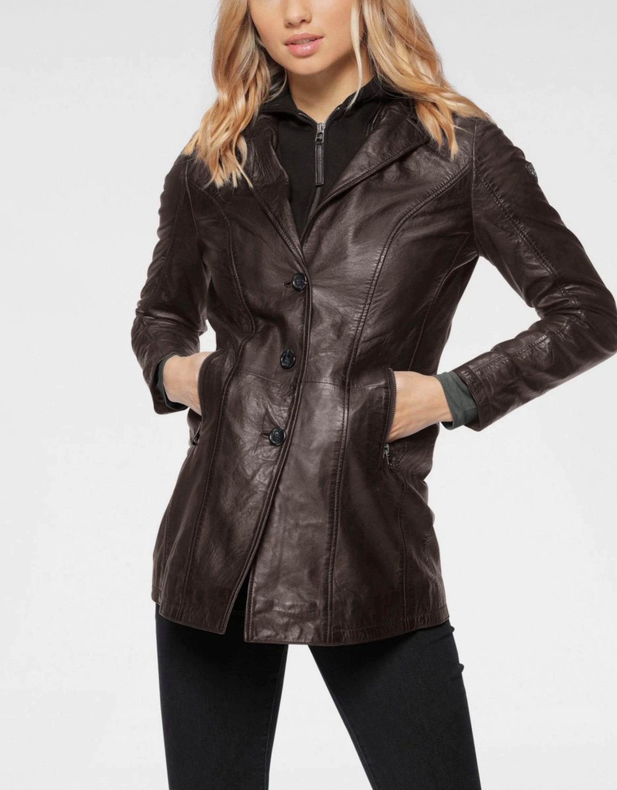 Lederjacke Lederlongblazer Blazer Leder Jacke Dunkelbraun Kapuze Qualität