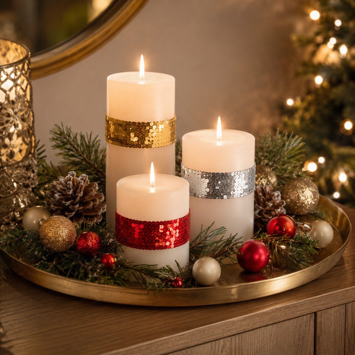 RIFFELMACHER & WEINBERGER Christbaumschmuck Paillettenband 3er Set, 5mm x 3m, Gold/Silber/Ro