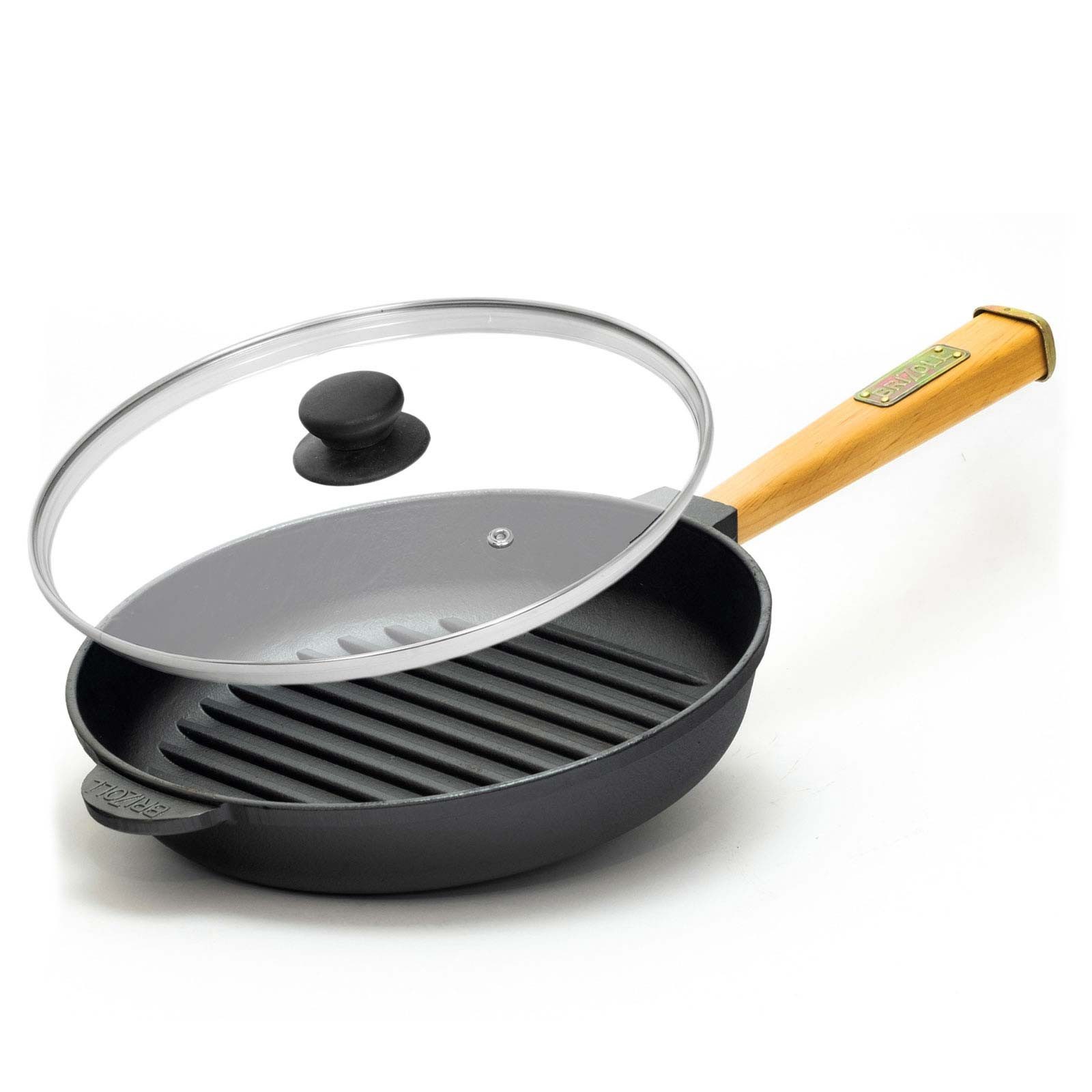 4BIG.fun Bratpfanne 24cm Grillpfanne aus Gusseisen mit Glasdeckel, Gusseisen (Induktion Holzgriff Bratpfanne Pfanne Feuerpfanne Feuerpfanne / Steakpfanne), abschraubbarer Griff, Induktion