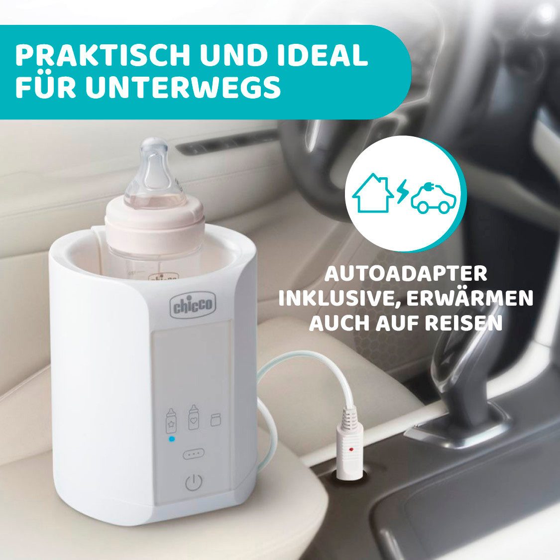Chicco Flaschenwärmer Zuhause/Unterwegs, inkl. Adapter für das Auto
