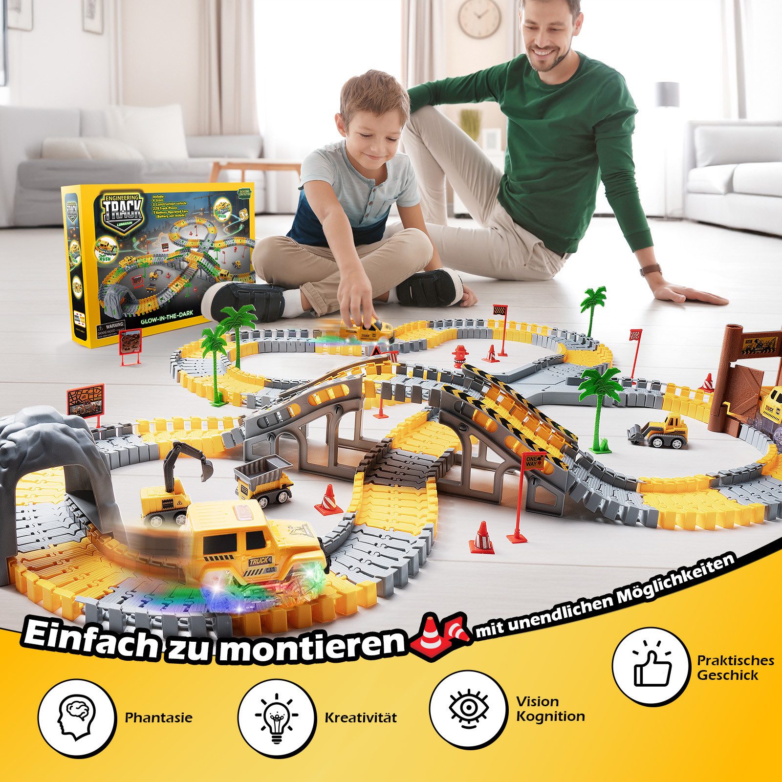 Coroiesty Autorennbahn DIY-Rennbahn Baustellen-Set, Perfektes Geburtstagsgeschenk für Kinder, (Set), Flexible Schienen, 360°-Loop, beleuchteter Rennwagen, Baufa – Bild 4 von 5