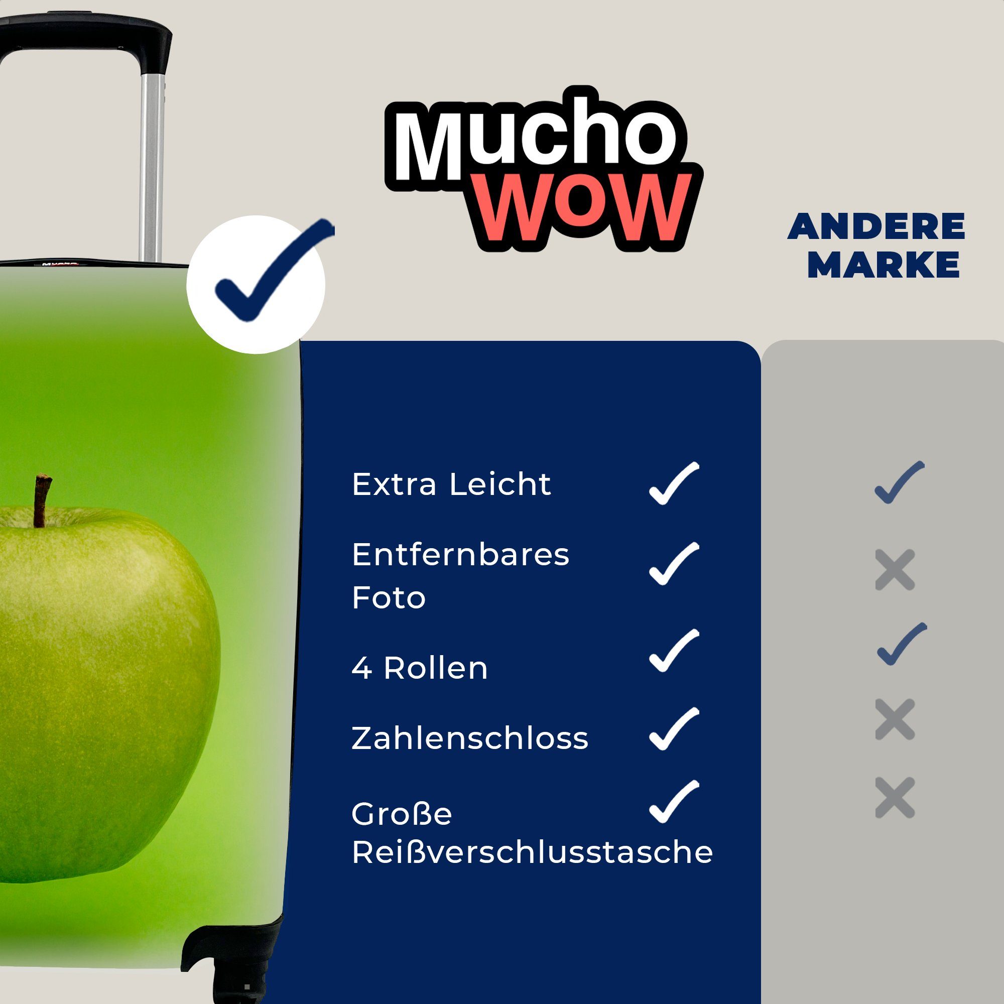 Handgepäck mit für rollen, Obst Handgepäckkoffer Reisekoffer Grün, - Apfel Reisetasche - Rollen, MuchoWow Ferien, Trolley, 4