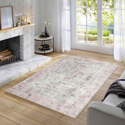 Teppich Odessa Flachgewebe Vintage Design waschbar, TaraCarpet, rechteckig, Höhe: 1 mm, Teppich Bordüre creme rosa Wohnzimmer Schlafzimmer Esszimmer 080x150