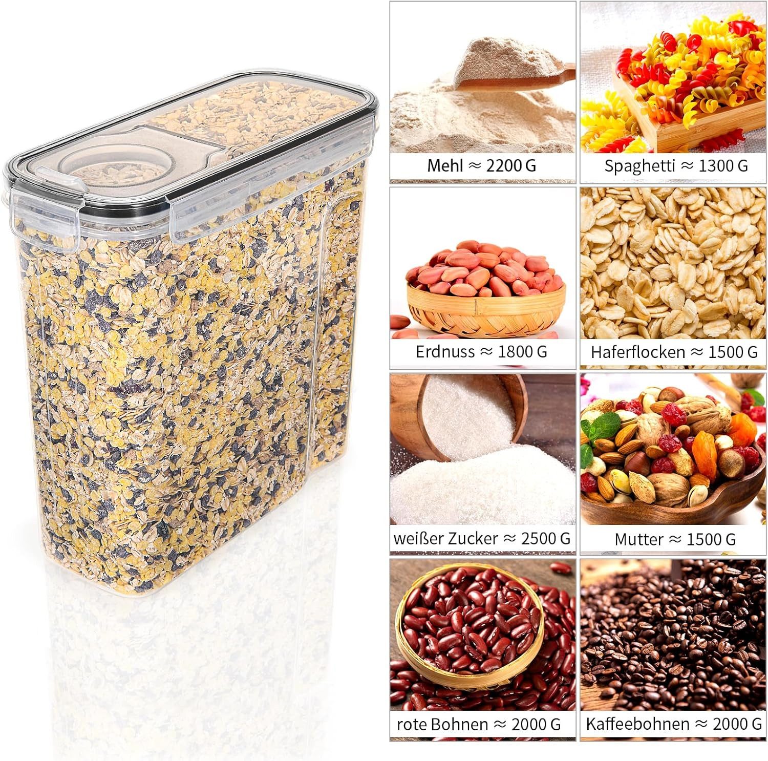 SURFOU Vorratsdose Vorratsdosen mit Deckel Luftdicht Küchen Organizer Frischhaltedosen 4L, (8er Set Spaghetti-Box, Müsli-Behälter, Getreidebehälter, Mehlbehälter, Zuckerdose, Keksdose, Vorratsdosen mit Deckel, luftdicht, BPA-frei, lebensmittelechtes Material, stapelbar & mit Etiketten + Stifte, 8-tlg., Aufbewahrungsbox Küche für Müsli, Cornflakes, Mehl & Zucker), Großes Fassungsvermögen, Platzsparend stapelbar, Auslaufsicher