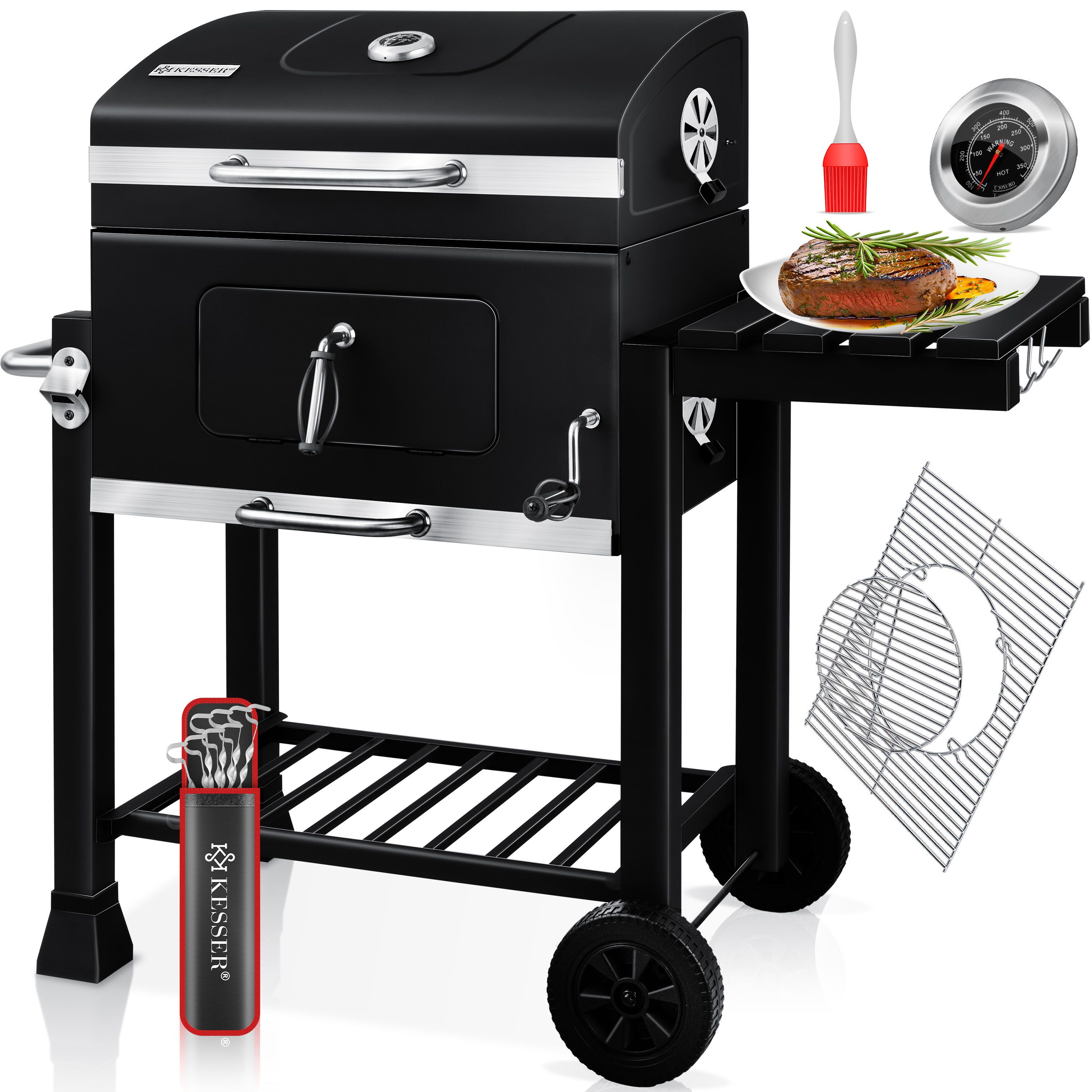 KESSER Holzkohlegrill Grill Grillwagen BBQ Smoker XL Holzkohlegrill mit Deckel, Rädern, Edelstahl-Griff, Grillrost und Thermometer Standgrill Kohlegrillwagen