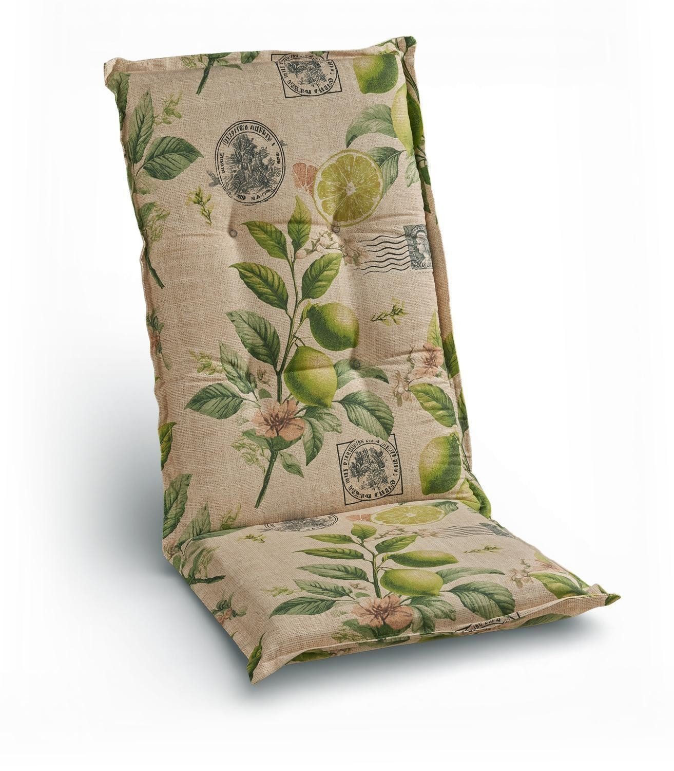 GO-DE Hochlehnerauflage LIMETT, 48 x 118 cm, Beige, Gelb, Grün, Hochlehner, (1 St), seitliche Bindekordeln und verstellbares Gurtband