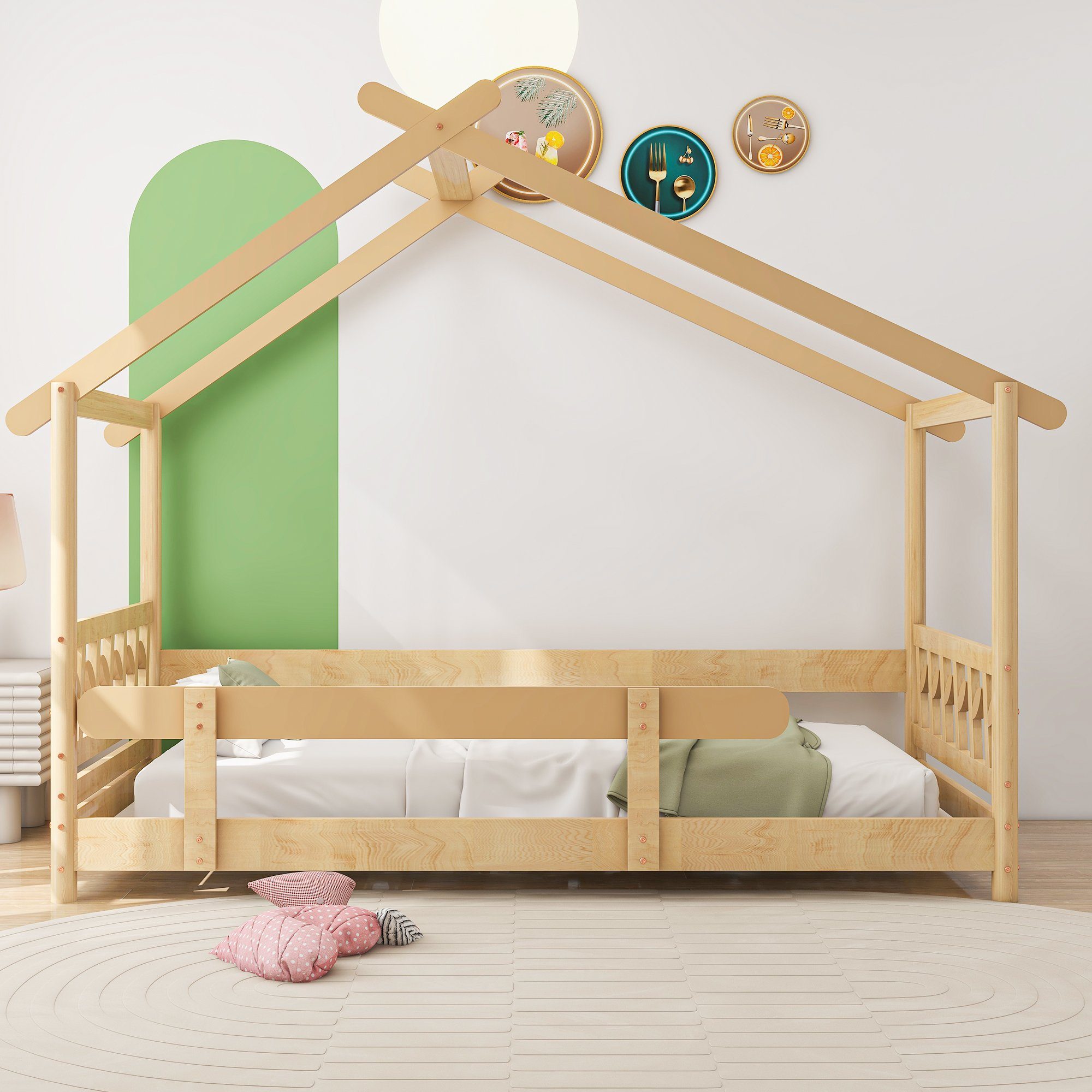Housmile Kinderbett Kinderbett 90x190 cm mit Rausfallschutz und  Lattenrost,Natur,Bodenbett