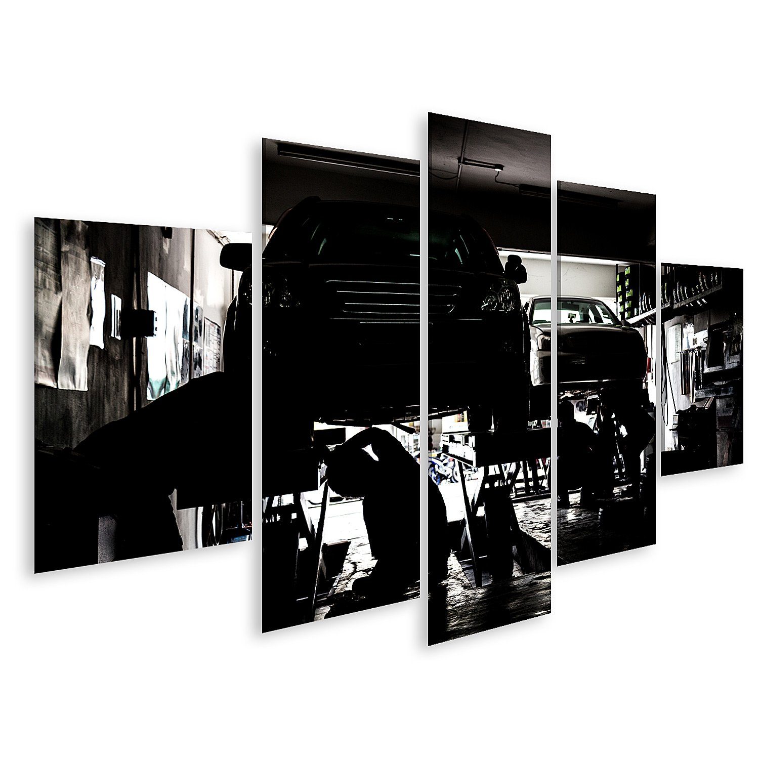 Leinwandbild Bild auf Leinwand Silhouette von Mechanikern bei der Wartung von Autos