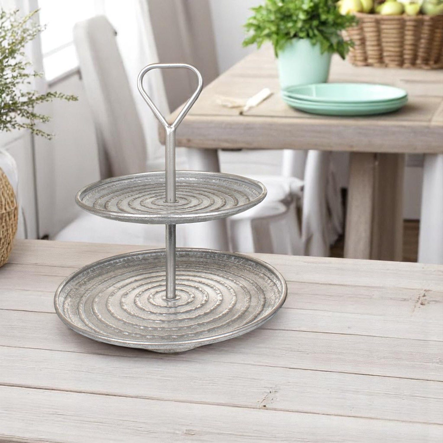 Macosa Home Etagere Etagere Metall rund Silber 38 x 42 cm Altsilber Servierständer, Metall, Etagenständer Tiscdekoration Metalletagere Dekoschale