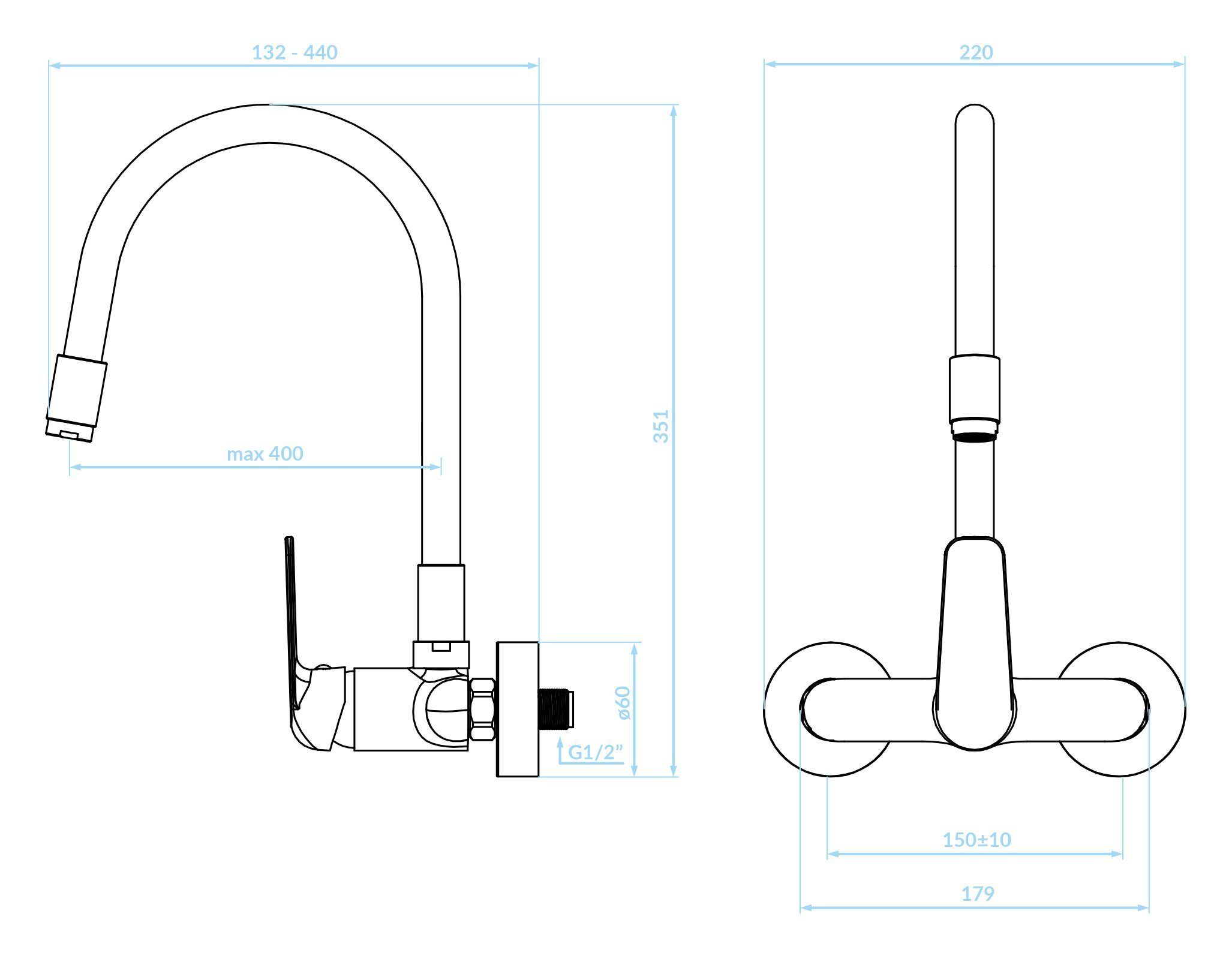 KOLMAN Küchenarmatur in mit Küchenmischer flexiblen Wasserhahn Wandmontage ELZA Chrom-Schwarz Auslauf
