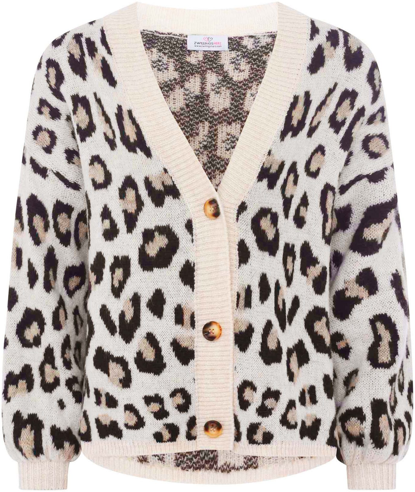 Zwillingsherz Strickjacke "Big Leo" One Size, Animal-Muster, Langarm, Knöpfe, tiefer V-Ausschnitt