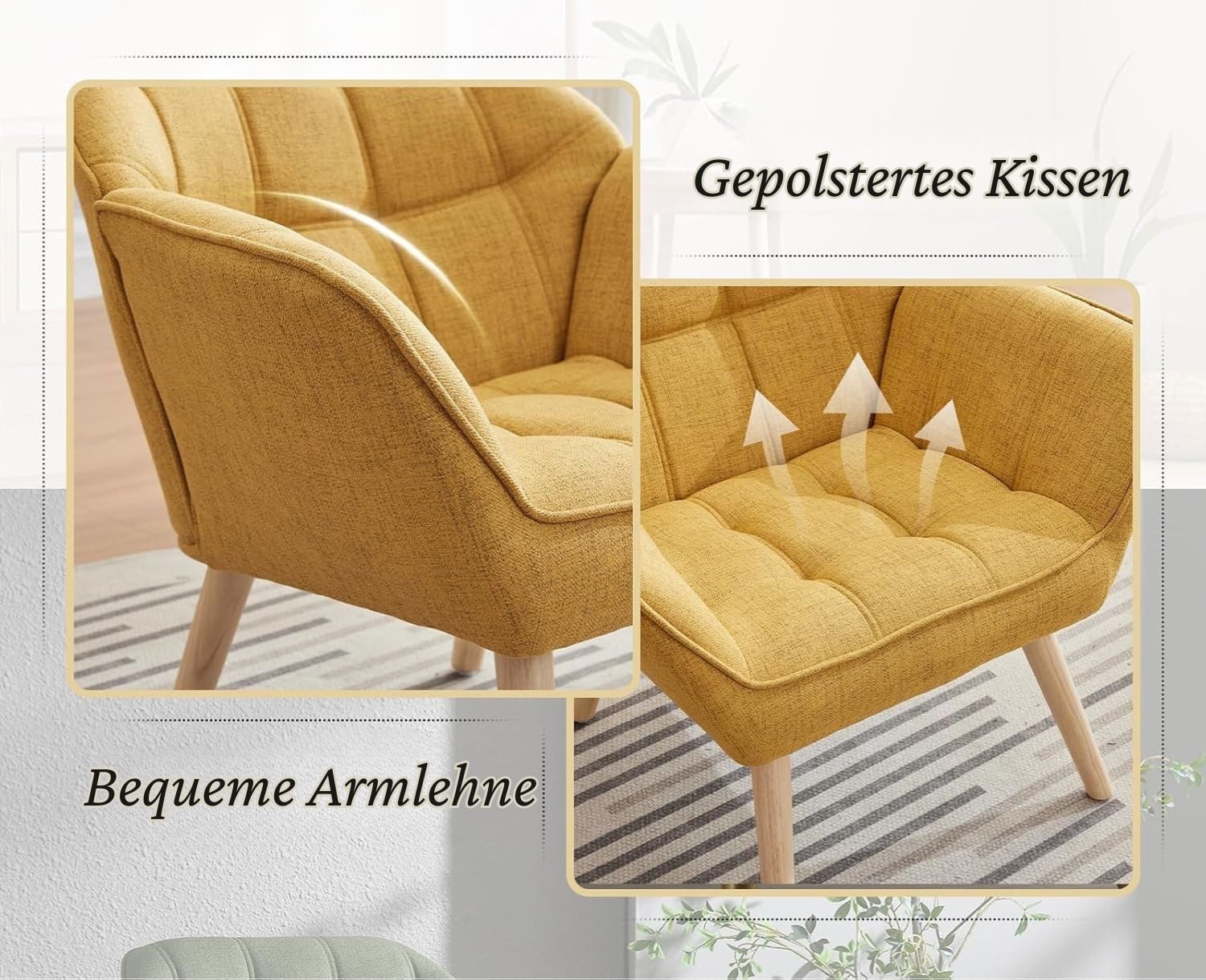 WAHSON OFFICE CHAIRS Ohrensessel mit Massivholz-/Metallbeinen Moderner Sessel aus Leinen/Samt – Bild 5 von 5