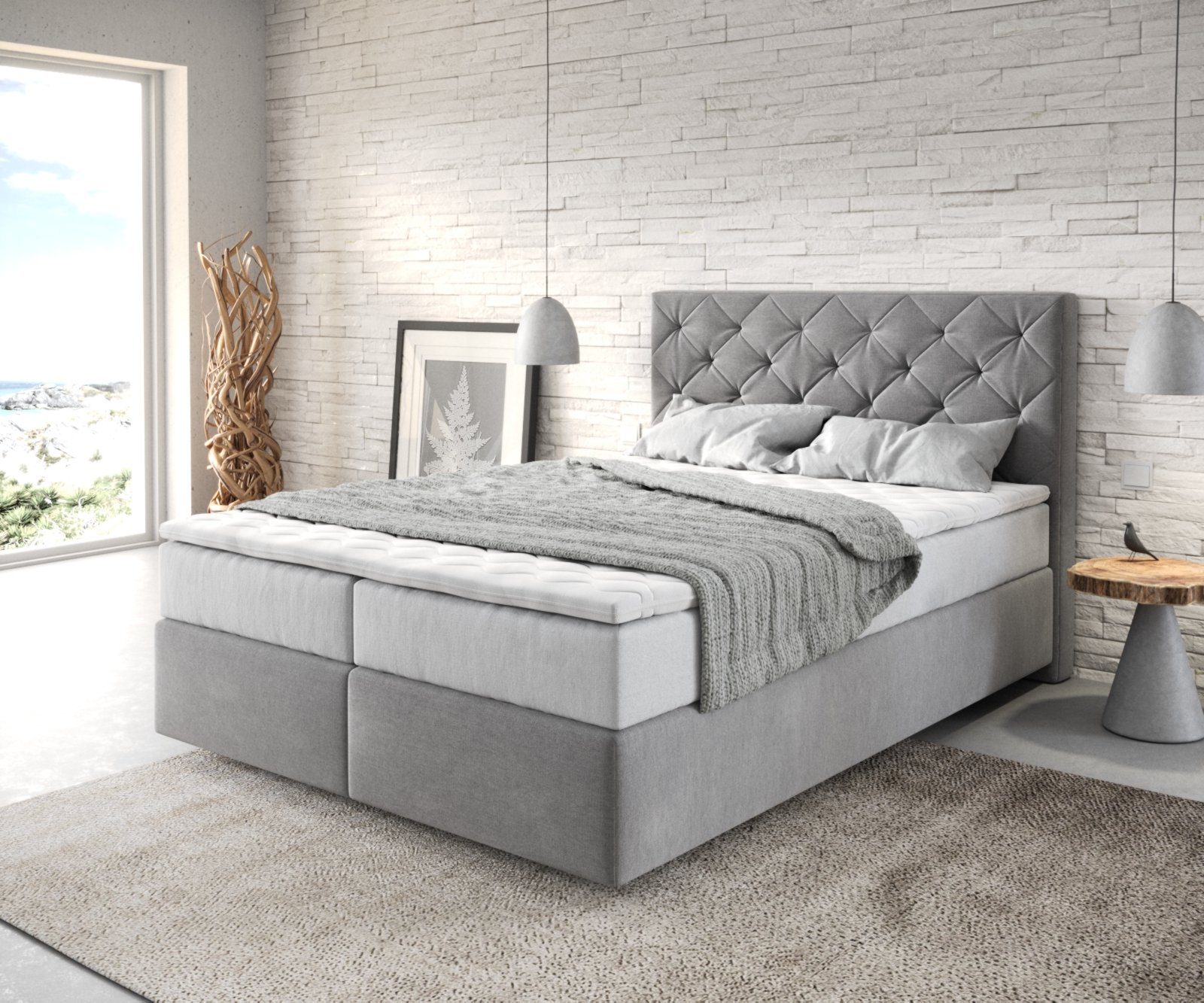 DELIFE Boxspringbett Dream-Great, Mikrofaser Grau 140x200 cm mit TFK Matratze und Visco Topper