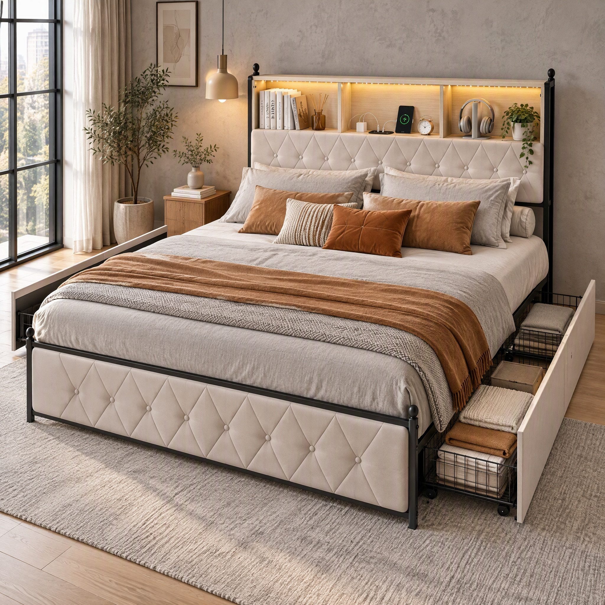Furnishings Home Polsterbett 140x200 cm Stauraumbett LED Doppelbett (1 tlg, Geeignet für Jungen und Mädchen, Mit große Stauraum), mit Lattenrost und Ladefunktion, mit Komforthöhe, Leises Design Bett