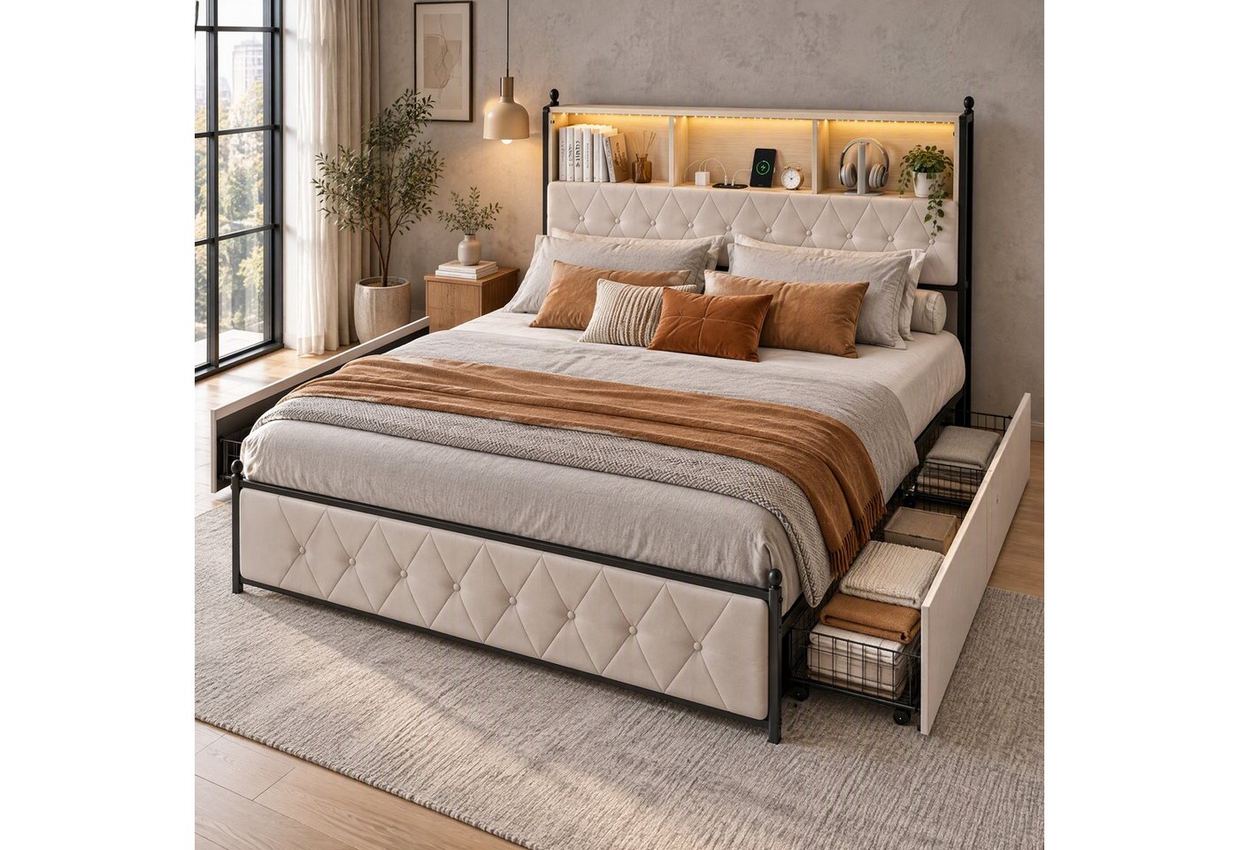 Furnishings Home Polsterbett 140x200 cm Stauraumbett LED Doppelbett (1 tlg, Geeignet für Jungen und Mädchen, Mit große Stauraum), mit Lattenrost und Ladefunktion, mit Komforthöhe, Leises Design Bett