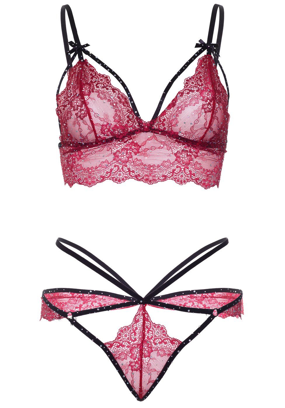 Leg Avenue Set: Bügelloser BH Dessous-Set: BH und String mit Glitzersteinen - rot (2-tlg) transparent