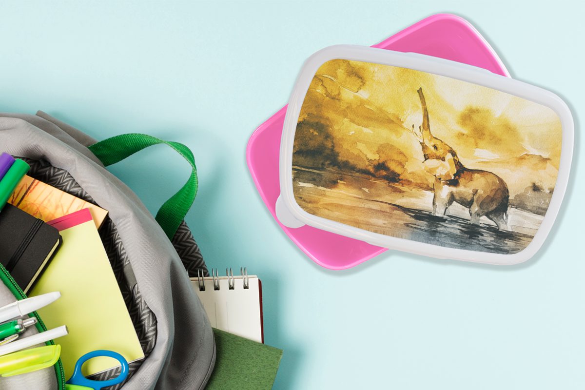MuchoWow Lunchbox Brotdose (2-tlg), - Mädchen, Brotbox Snackbox, Erwachsene, Kunststoff, - Kunststoff Elefant Aquarellfarbe Kinder, für rosa Wasser