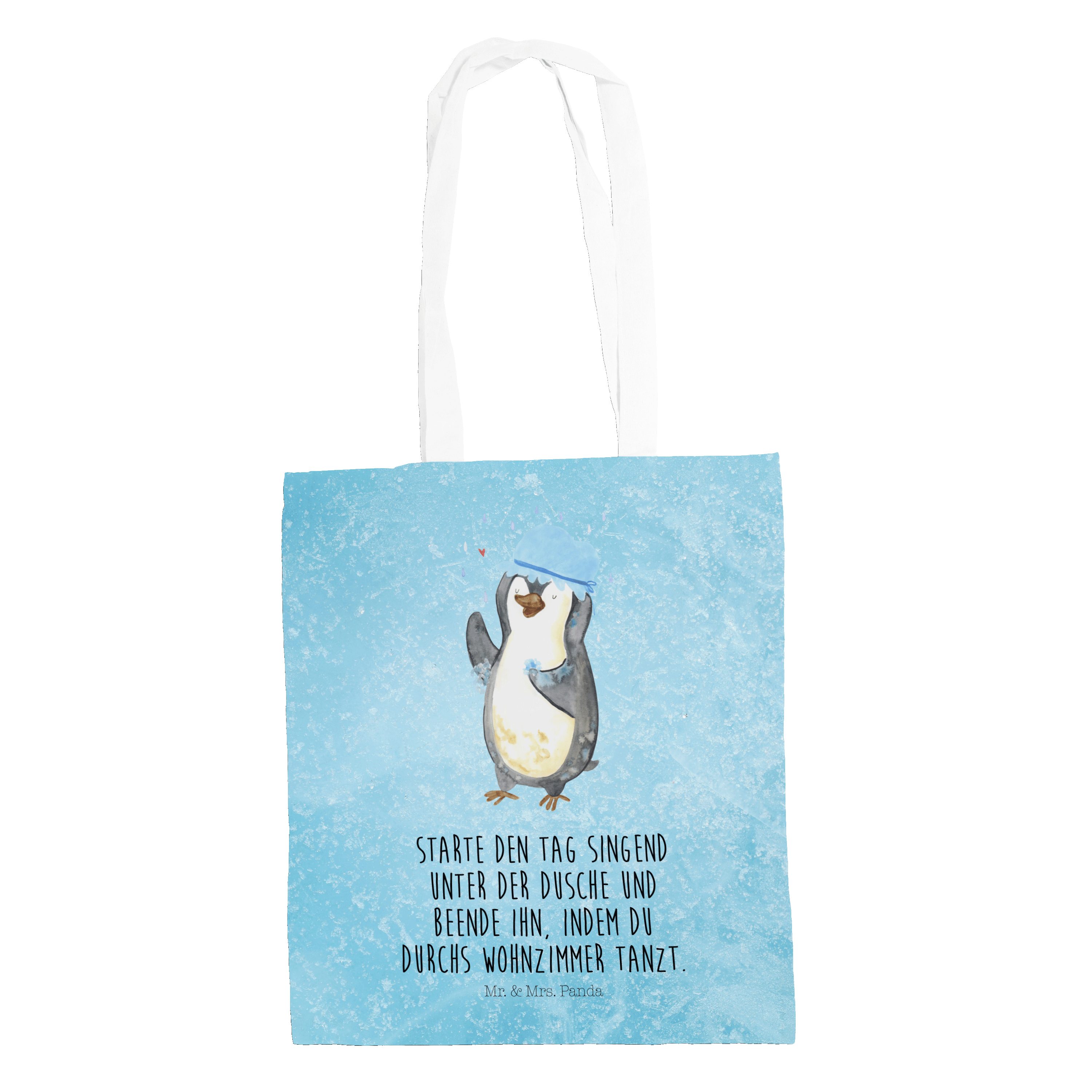 Mr. & Mrs. Panda Tragetasche Pinguin duscht - Eisblau - Geschenk, Pinguine, Dusche, baden, Stoffbe (1-tlg)